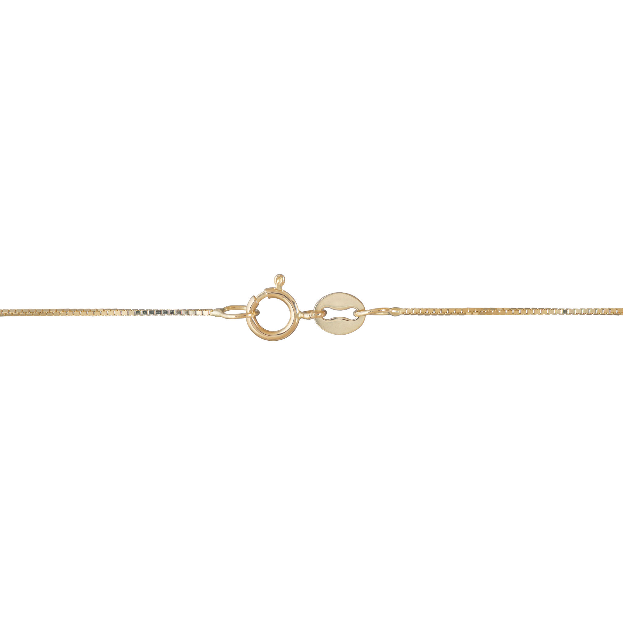 Gold box chain necklace showing a detailed shot of the o ring clasp on a white background