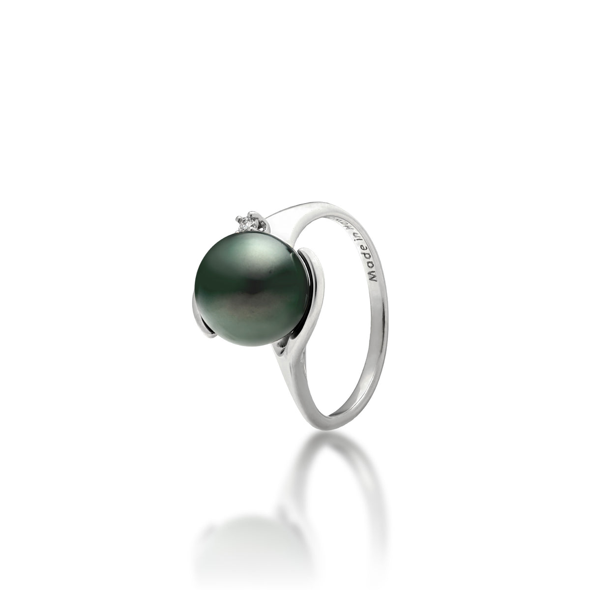 A 14k white gold ring with soft curves at the crown that frame a diamond-accented Tahitian black pearl, shown on a white background