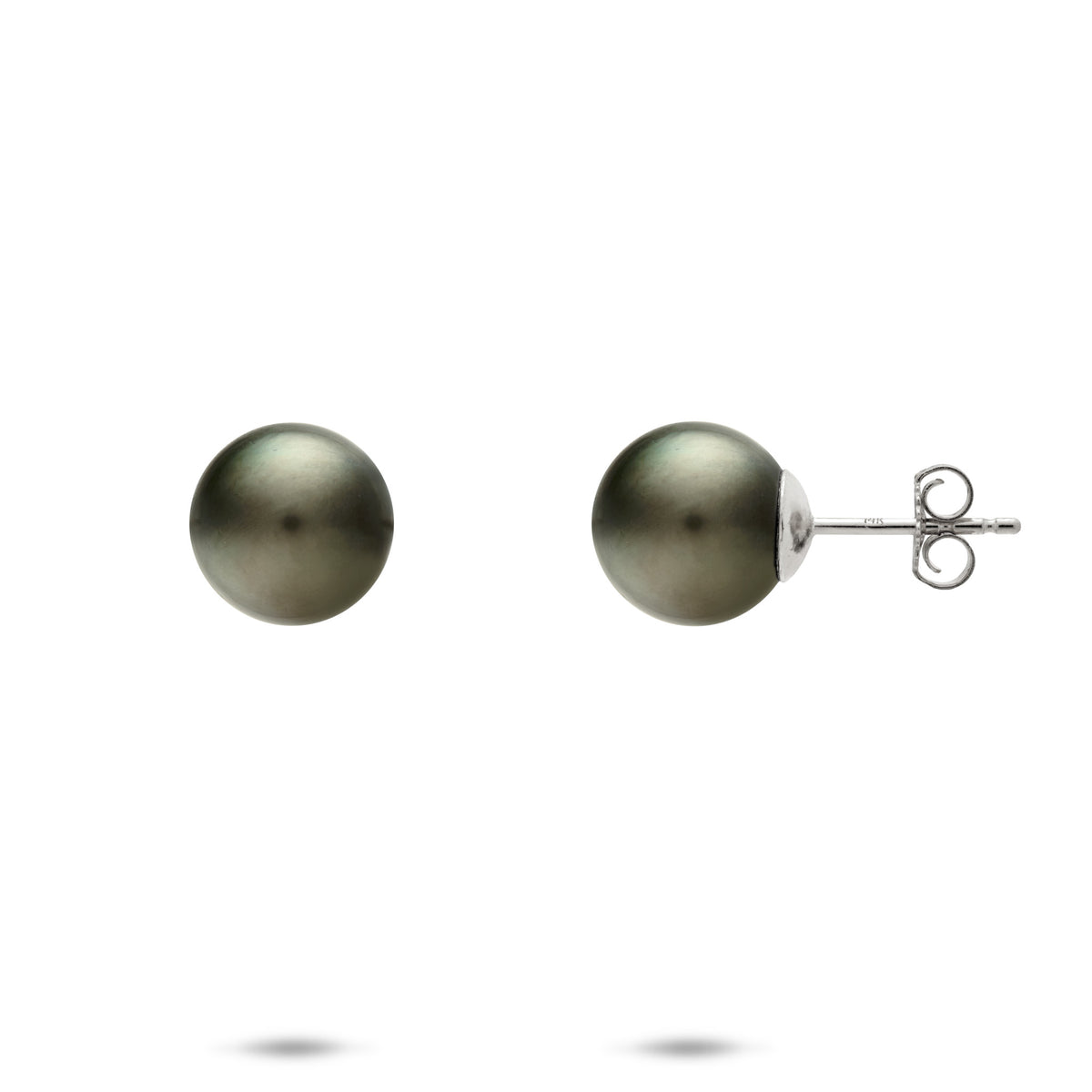 9-10mm Tahitian Black Pearl Earrings with 14k White Gold posts, placed on a white background