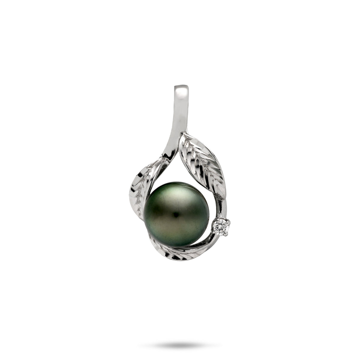 Maile Pendant in White Gold with Diamond and a 9-10mm Tahitian Black Pearl, placed on a white background