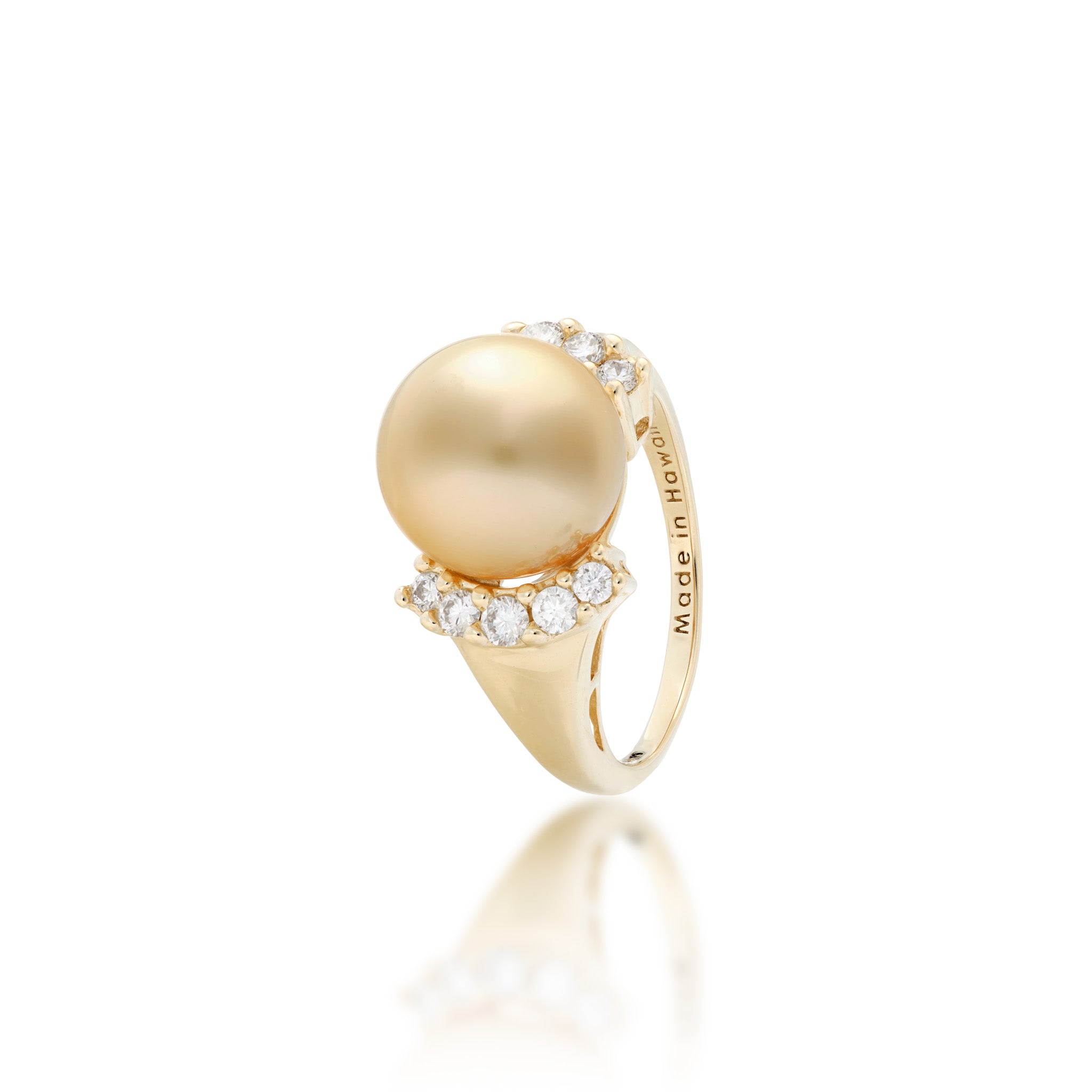 Angle view of a 12-13mm South Sea Gold Pearl and Diamond Ring in 14k Yellow Gold on a White Background