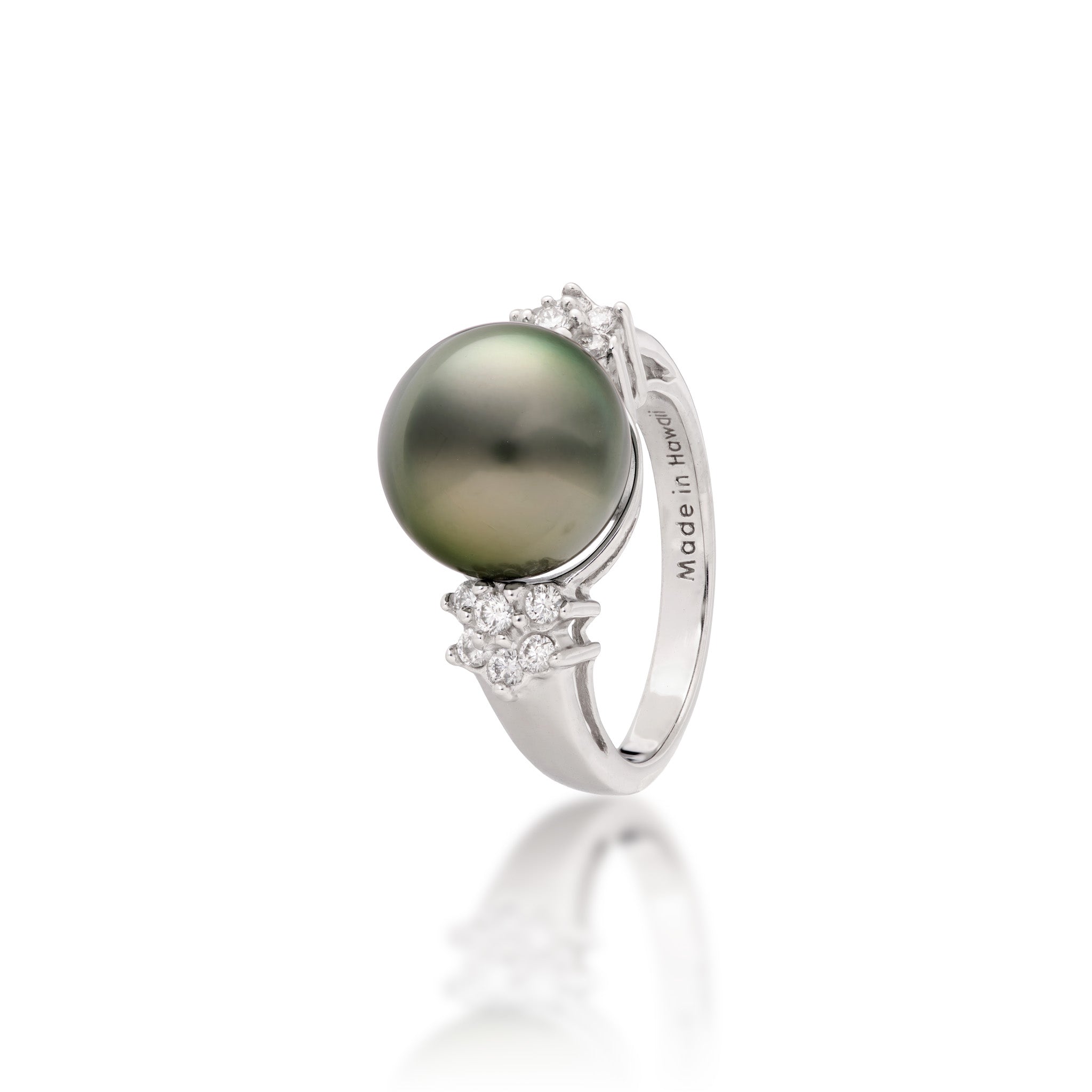Angle view of the 11-12mm Tahitian Black Pearl Ring in 14k White Gold with Diamonds on a white background