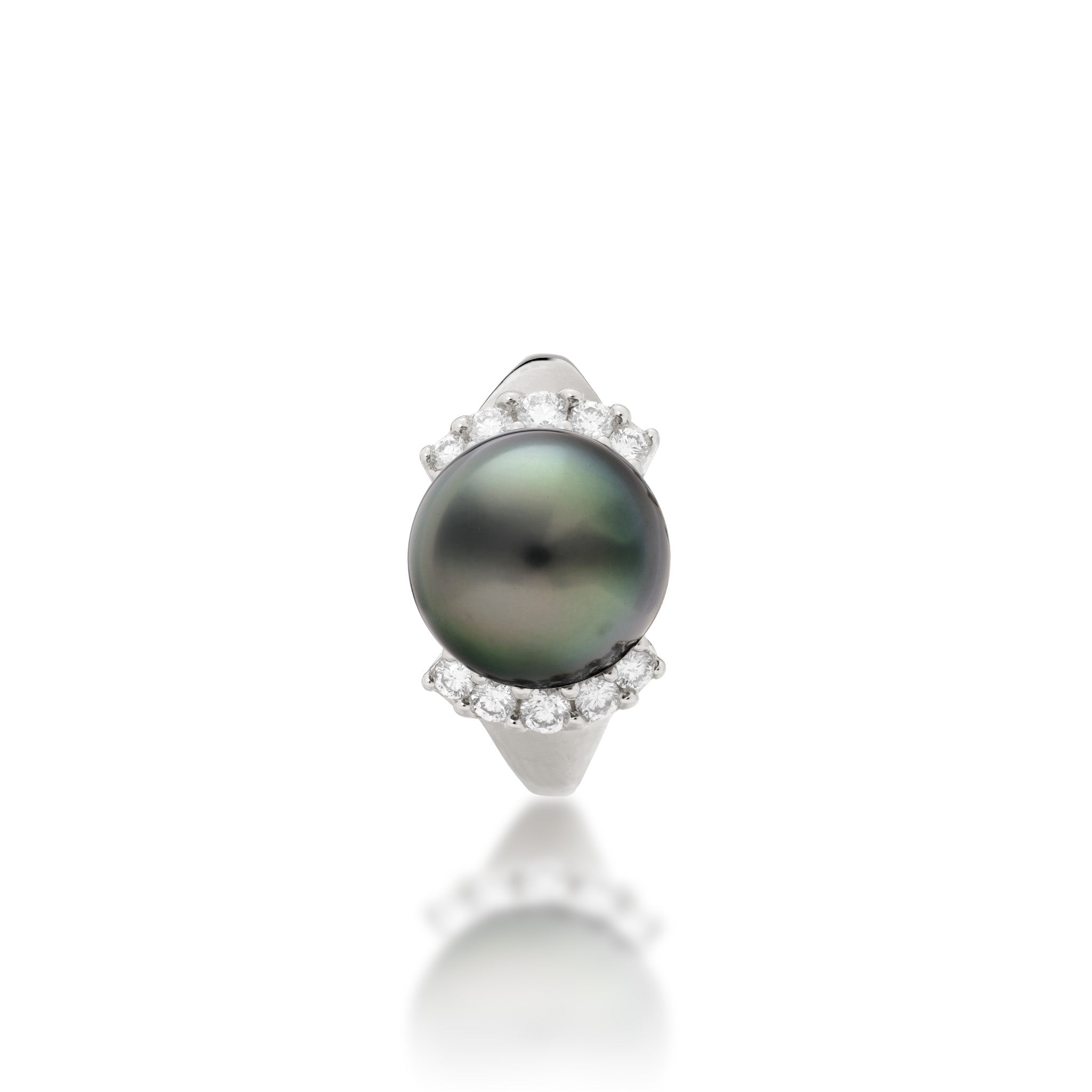 Top view of a 13-14mm Tahitian Black Pearl Ring in White Gold with Diamonds on a white background