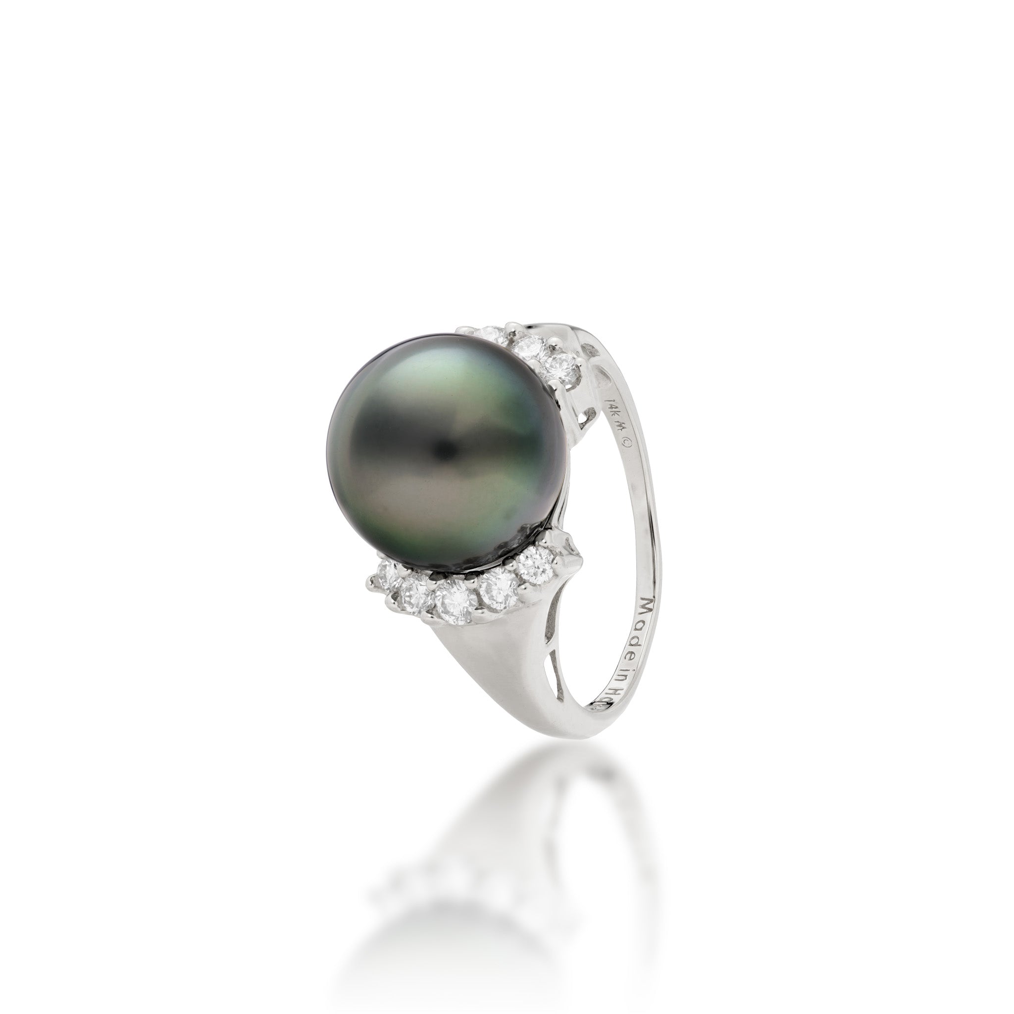 Angle view of a 13-14mm Tahitian Black Pearl Ring in White Gold with Diamonds on a white background