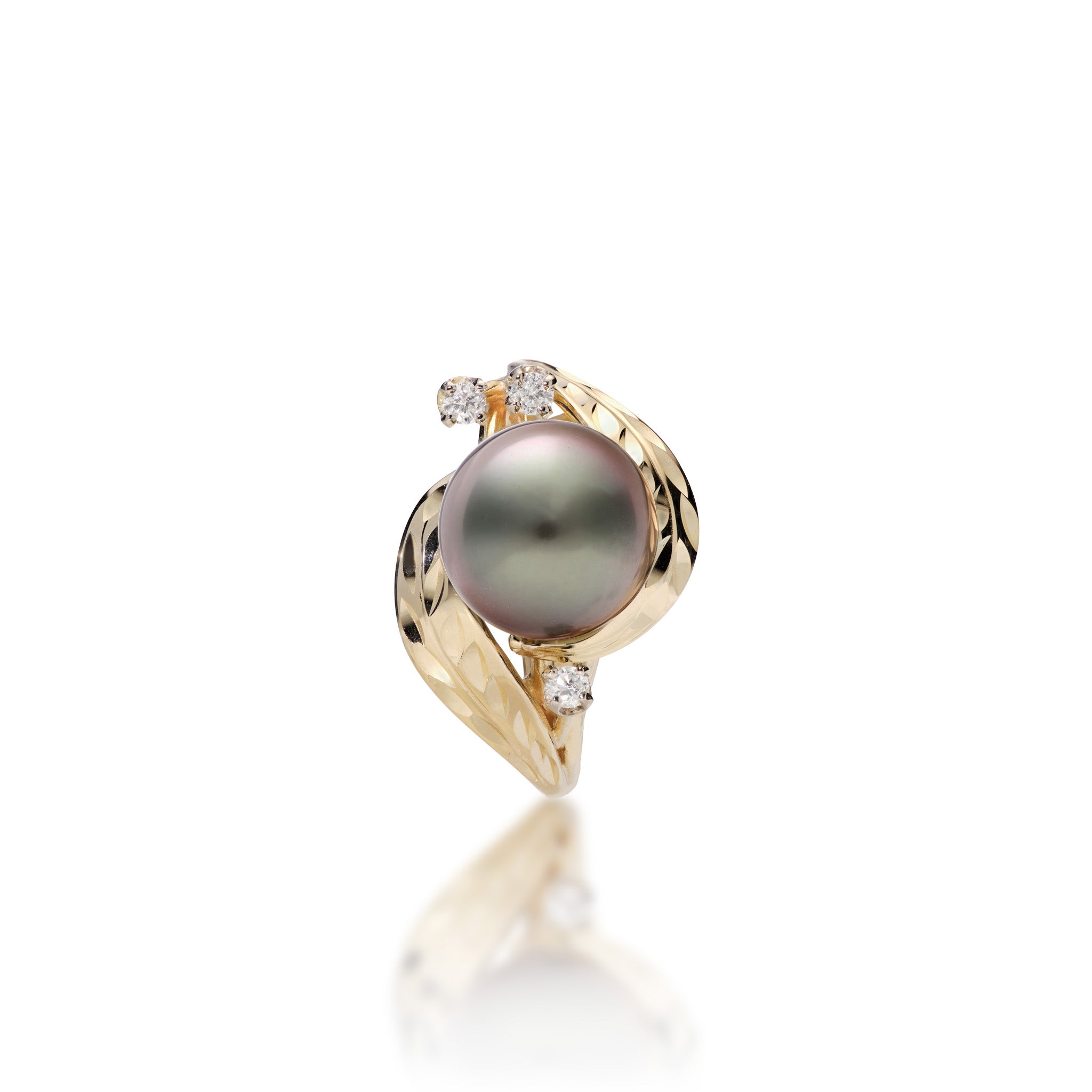 Top view of the Maile Leaf Tahitian Black Pearl Ring in 14k Yellow Gold with Diamonds on a white background