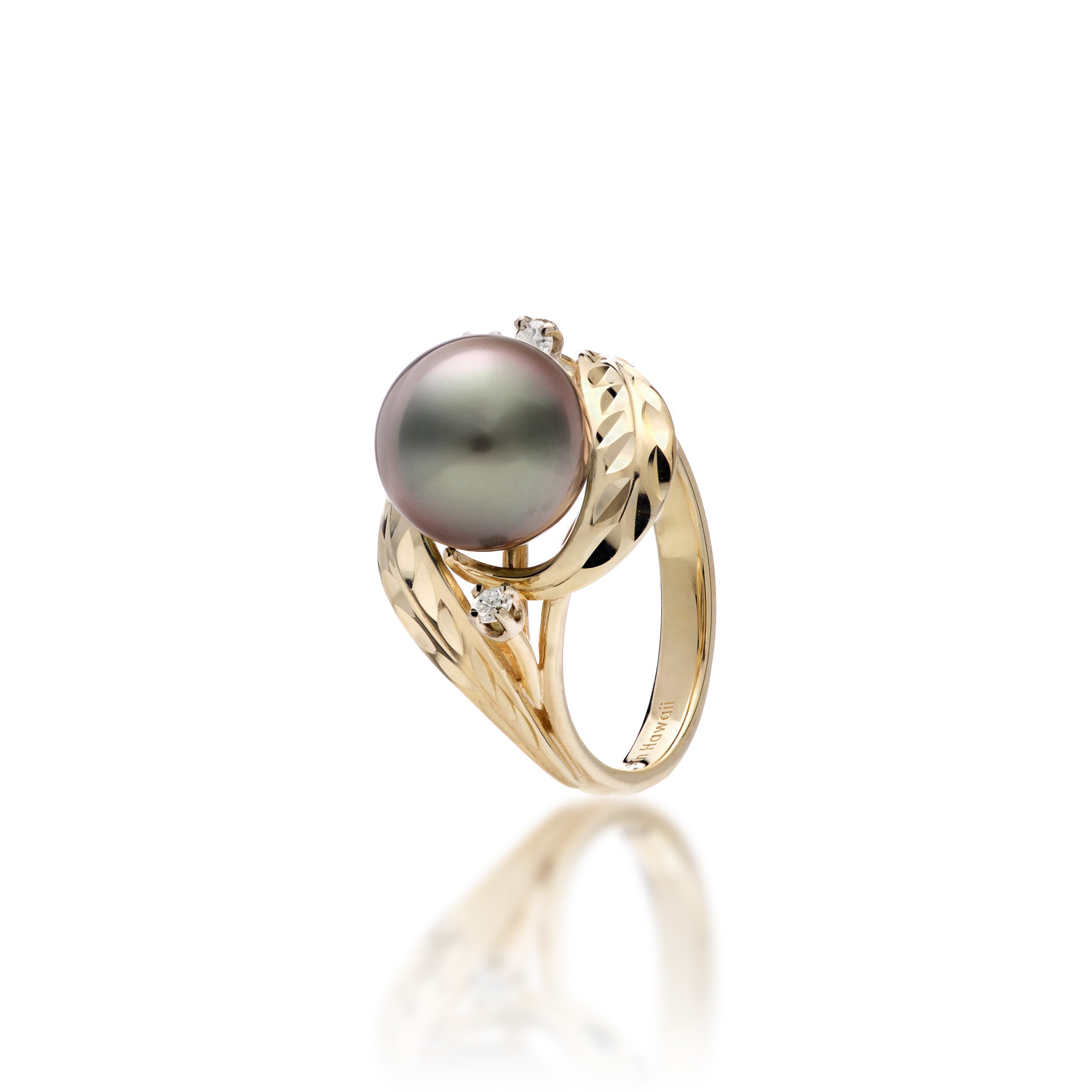 Angle view of the Maile Leaf Tahitian Black Pearl Ring in 14k Yellow Gold with Diamonds on a white background