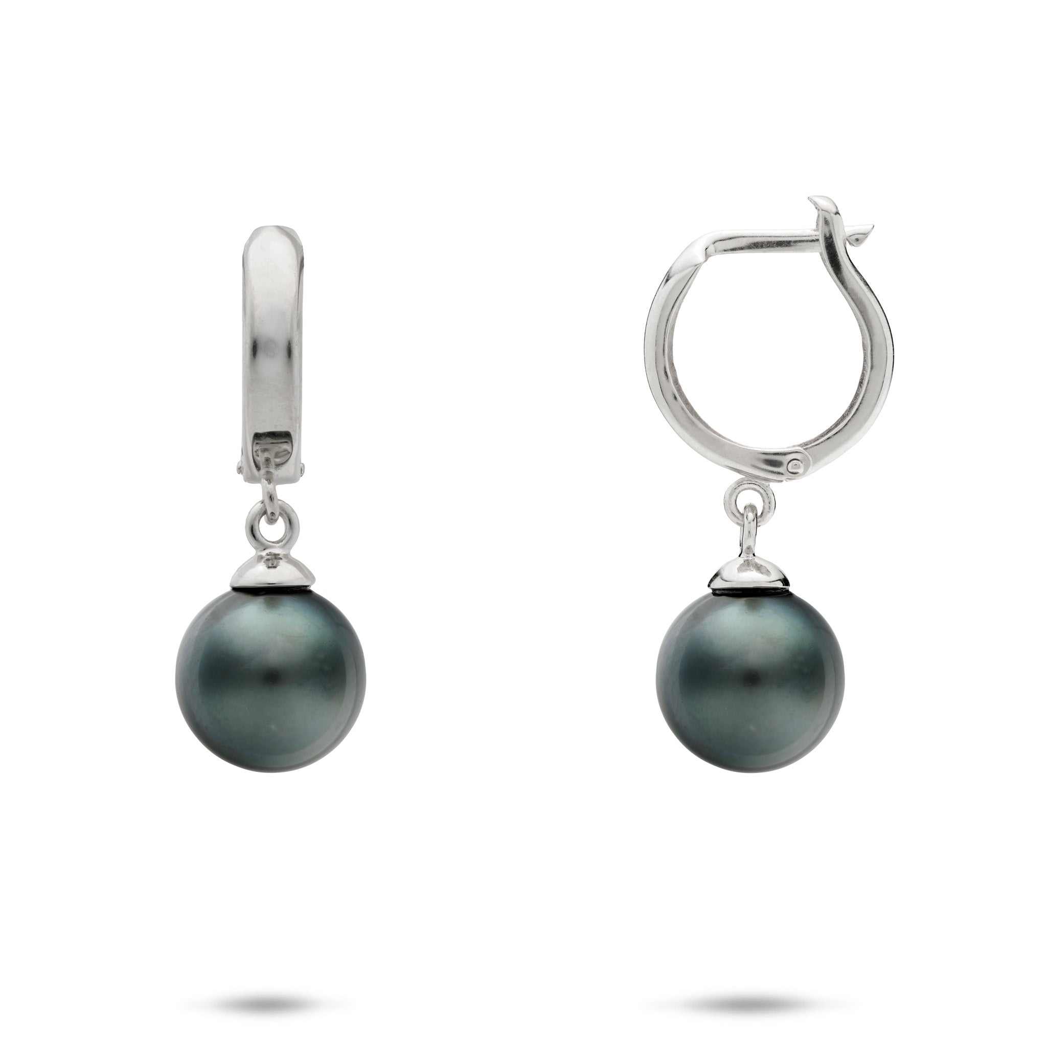 9-10mm Tahitian Black Pearl French Clip Earrings in 14k White Gold on a white background