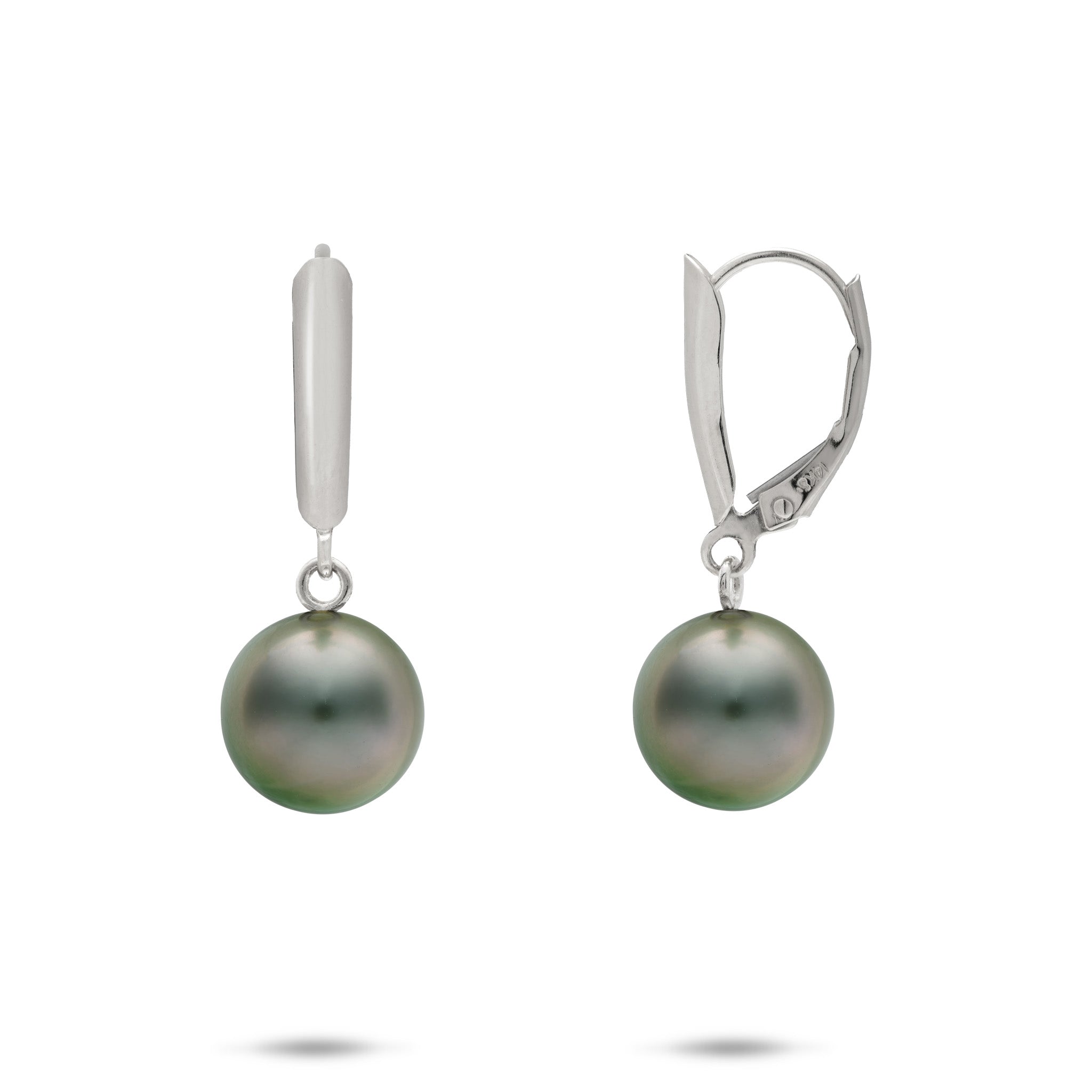 9-10mm Tahitian Black Pearl Leverback Earrings in 14k White Gold on a white background