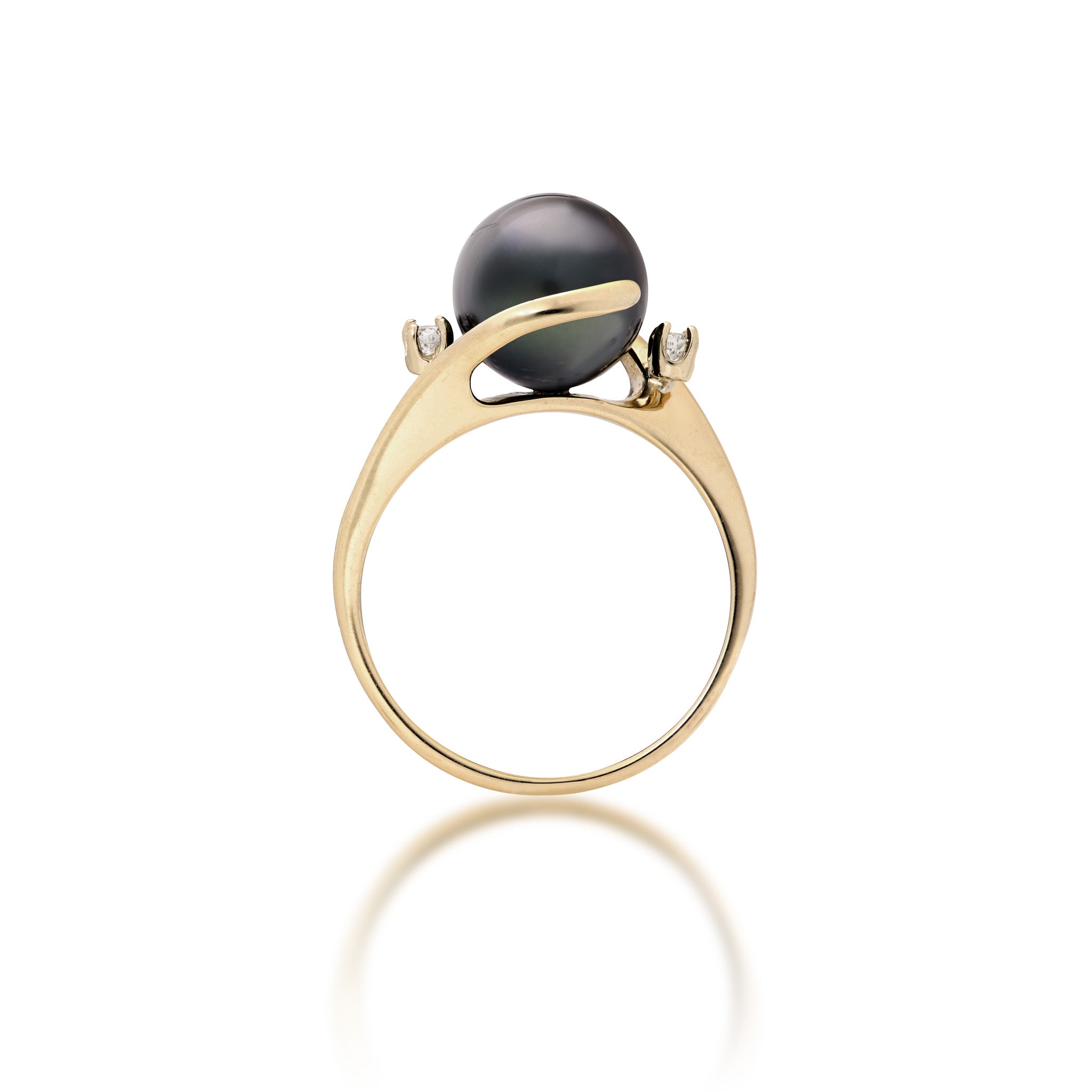 Side view of the 9-10mm Tahitian Black Pearl Ring in 14k Yellow Gold with Diamonds on a white background