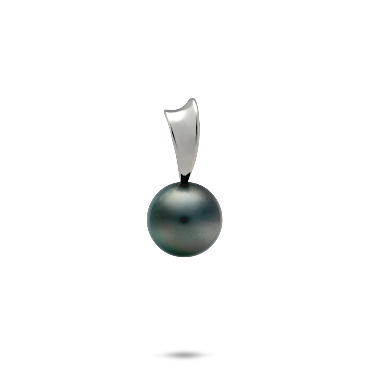 A simple 14k white gold pendant with a 10-11mm Tahitian black pearl and a curved high-polish bail, shown on a white background