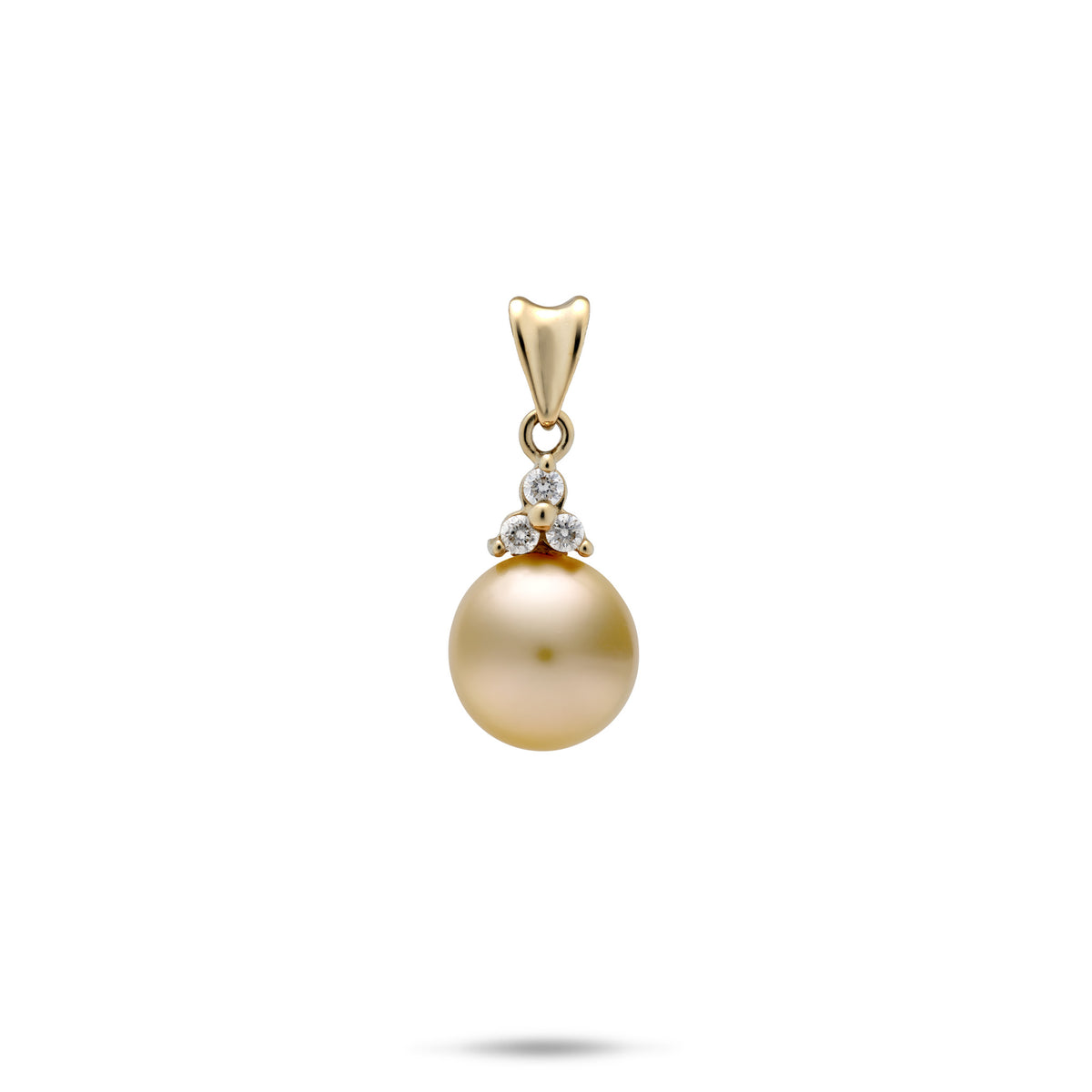 A 14k yellow gold pendant with a V-curved high-polish vail and a three diamond in a triangle formation with a 9-10mm South Sea Golden Pearl at the bottom, shown on a white background