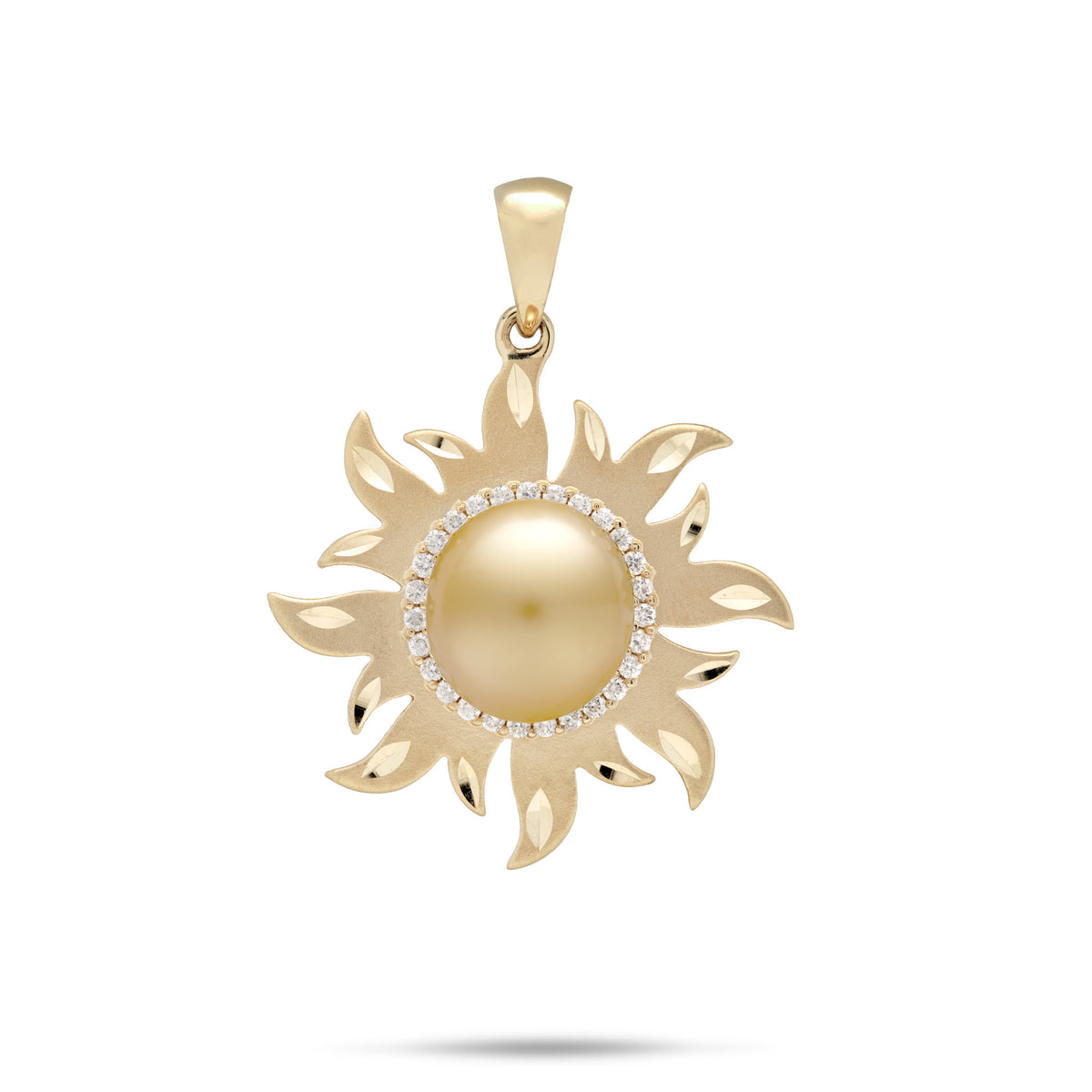 A 14k Yellow Gold Sun Pendant with flared diamond-cut accents and south sea golden pearl with a diamond halo in the center, shown on a white background
