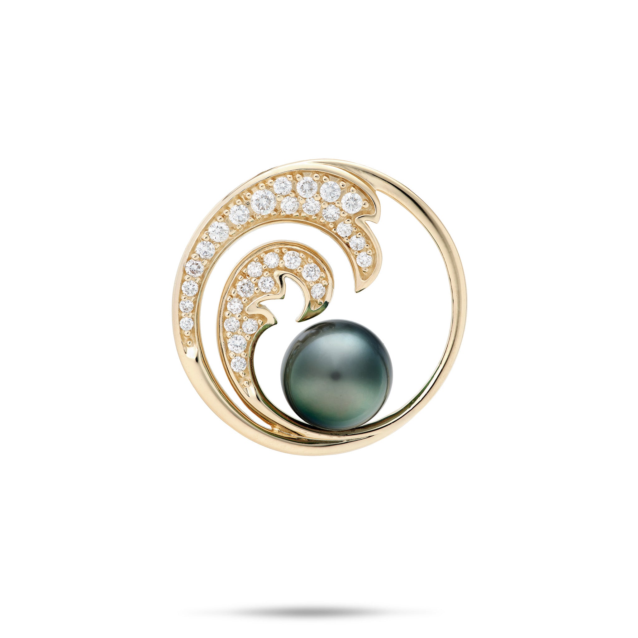 24mm Diamond and 9-10mm Tahitian Black Pearl Ocean Wave Pendant in 14k Yellow Gold on a white background