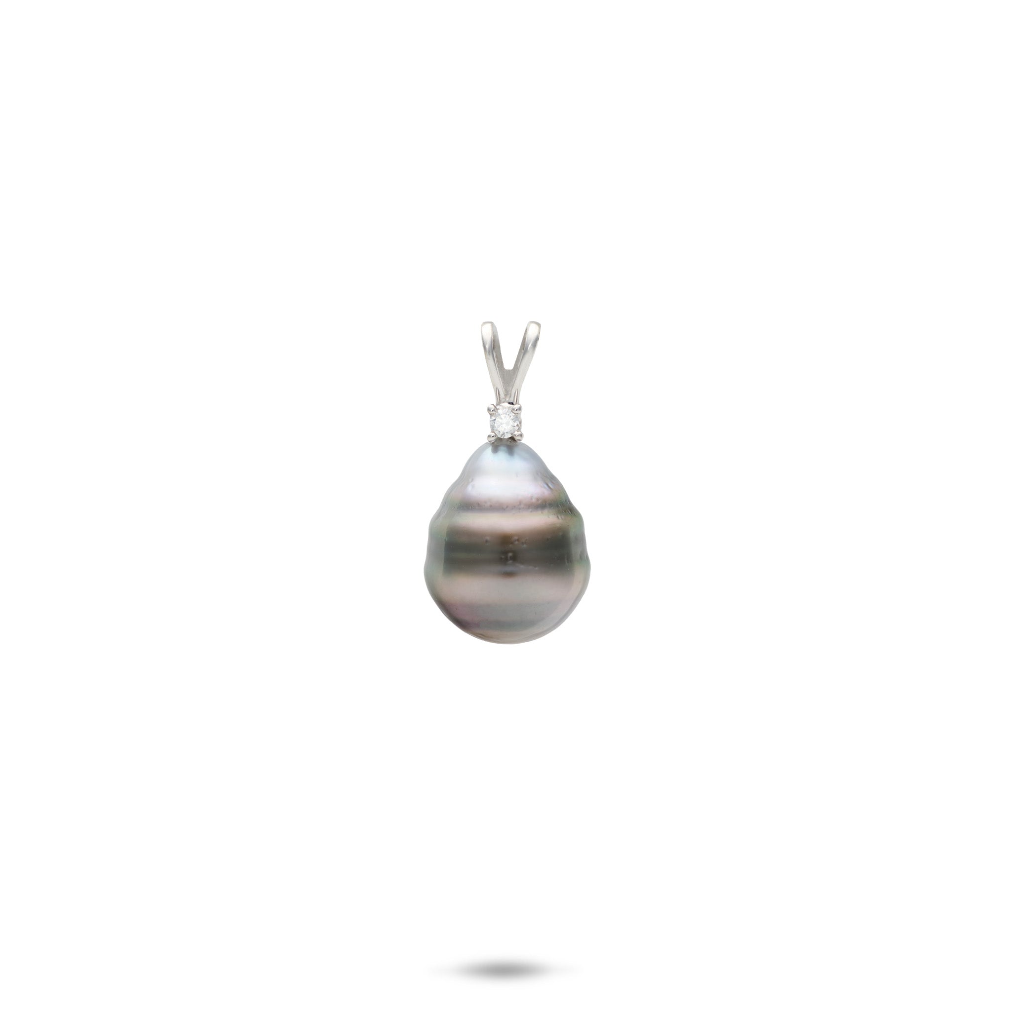 Baroque Tahitian Black Pearl Pendant in 14k White Gold with Diamond on a white background
