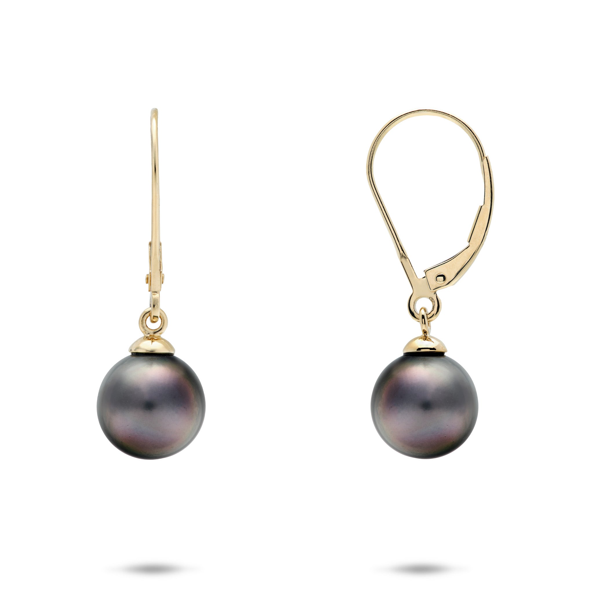 9-10mm Tahitian Black Pearl Leverback Earrings in 14k Yellow Gold on a white background