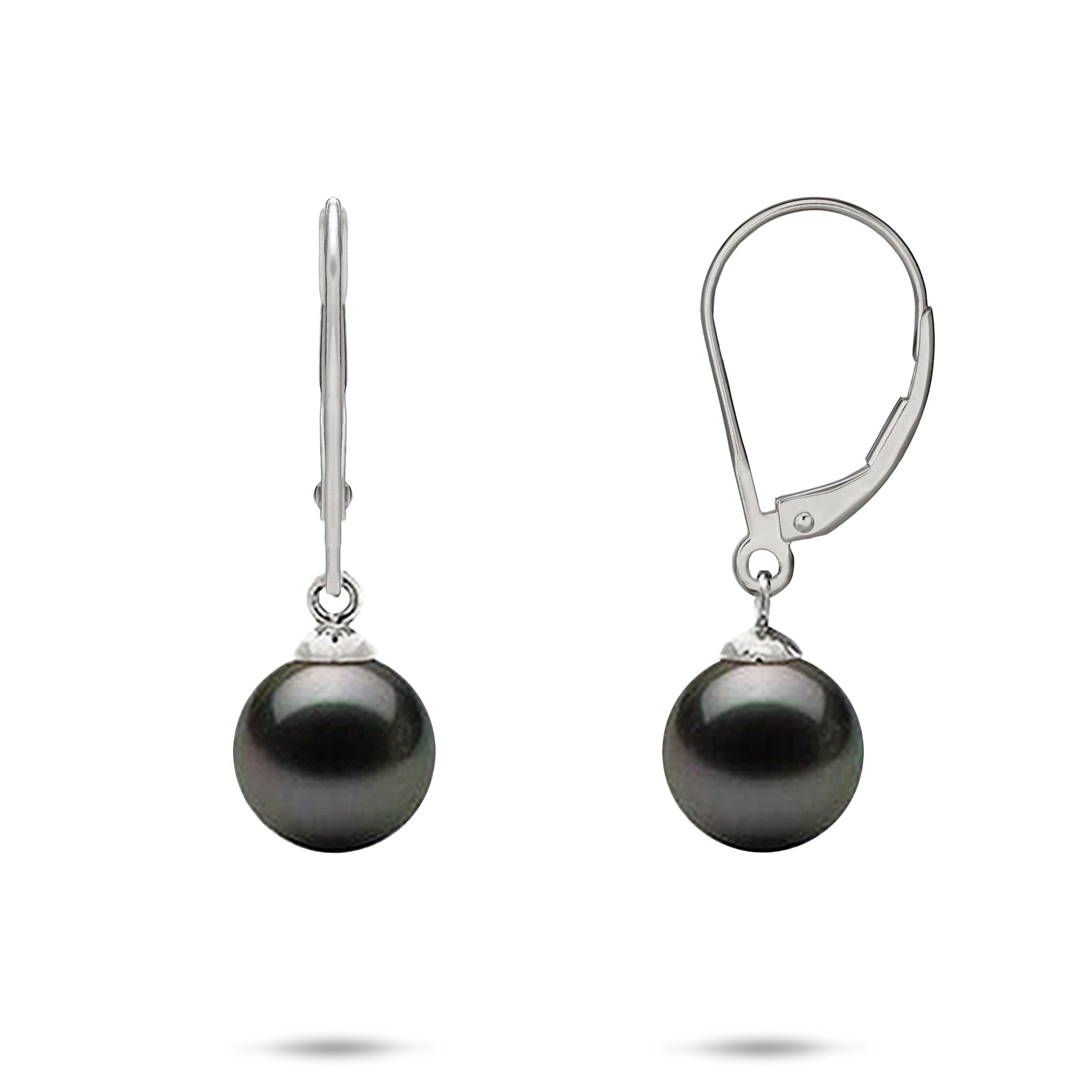 8-9mm Tahitian Black Pearl Leverback Earrings in 14k white gold on a white background