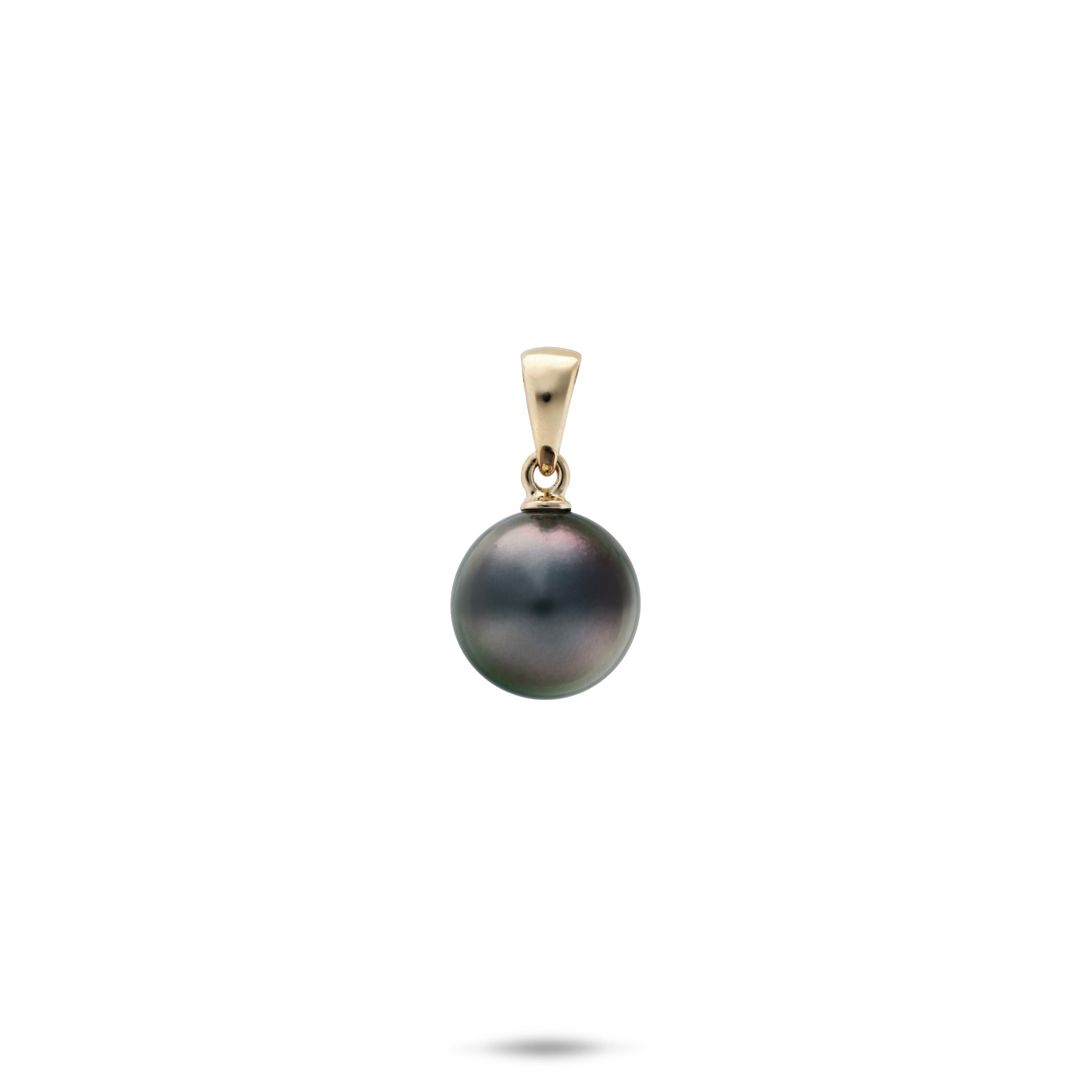 9-10mm Tahitian Black Pearl Pendant with 14k yellow gold bail on a white background