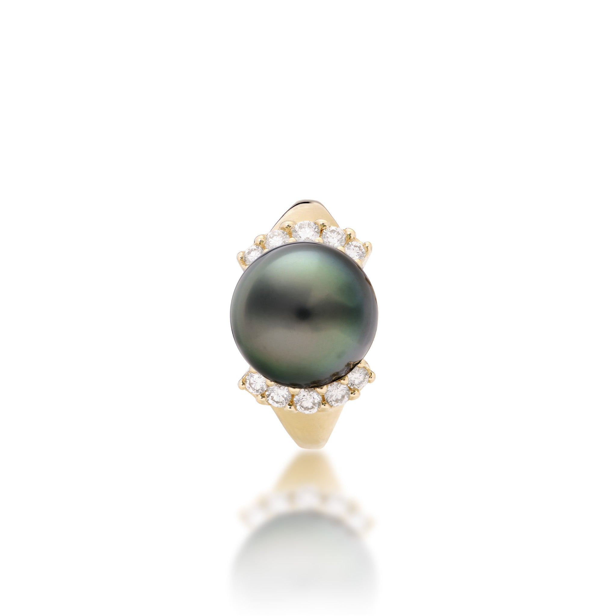 Top view of a 12-13mm Tahitian Black Pearl Ring in 14k Yellow Gold with Diamonds on a white background