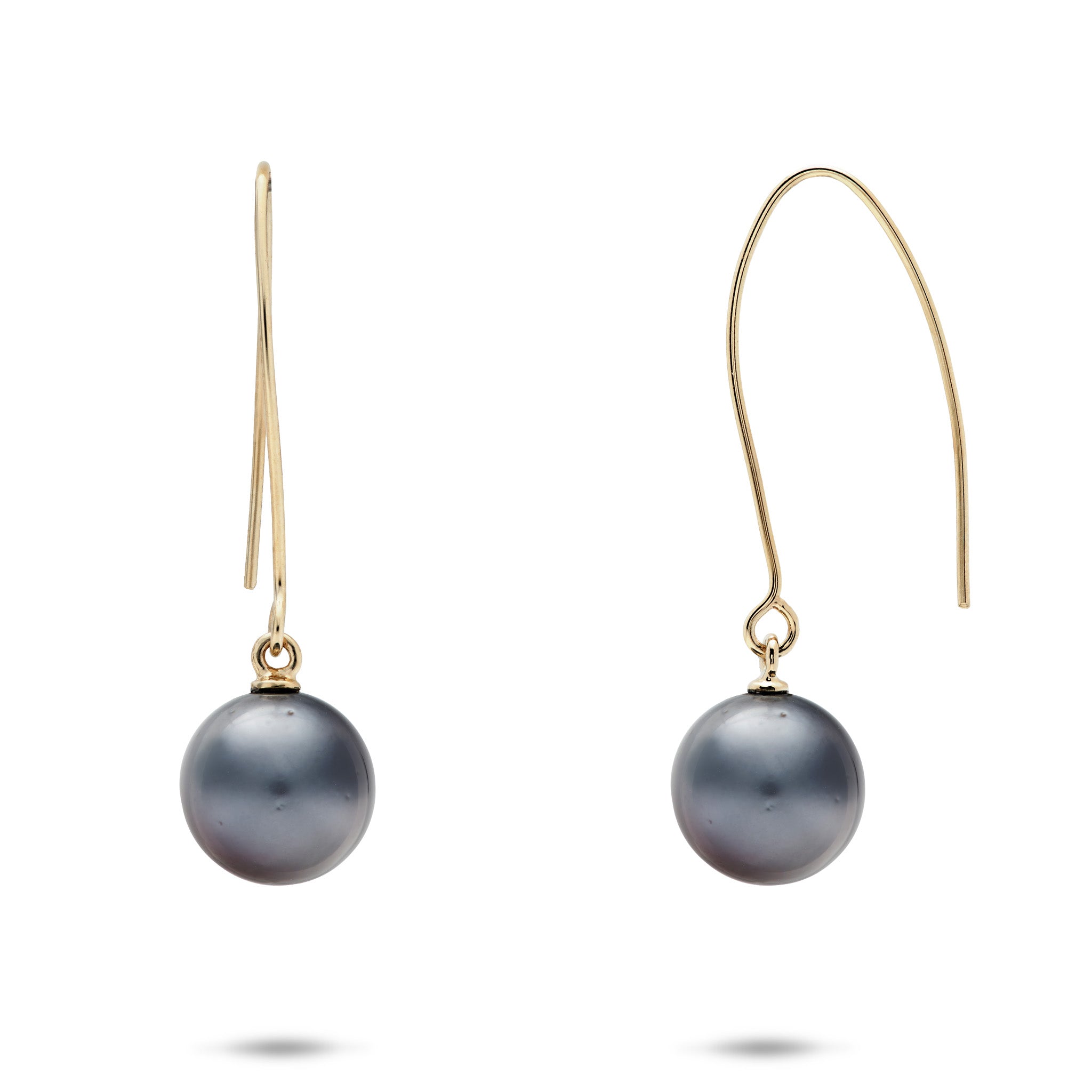 9-10mm Tahitian Black Pearl Shepherd's Hook Earrings in 14k Yellow Gold on a white background