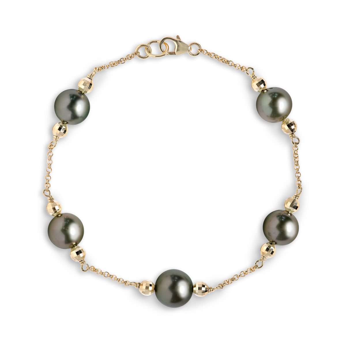 A 14k yellow gold chain bracelet with Tahitian black pearls and high-polish gold beads on each side the pearl, shown on a white background