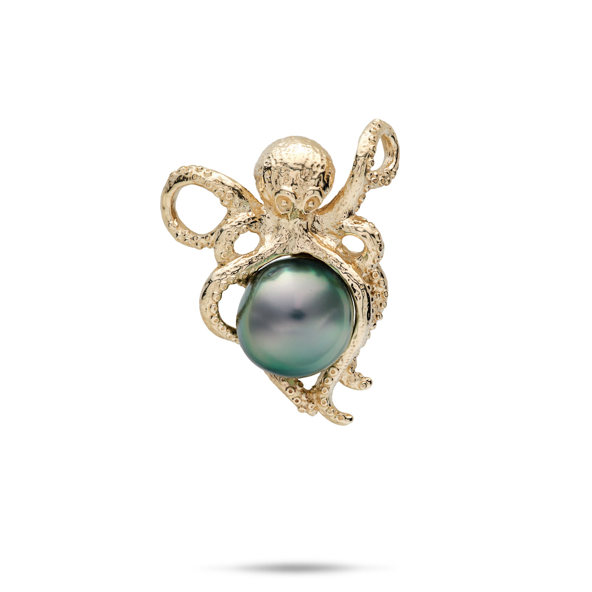 Heʻe (Octopus) Tahitian Black Pearl Pendant in 14k Yellow Gold on a white background