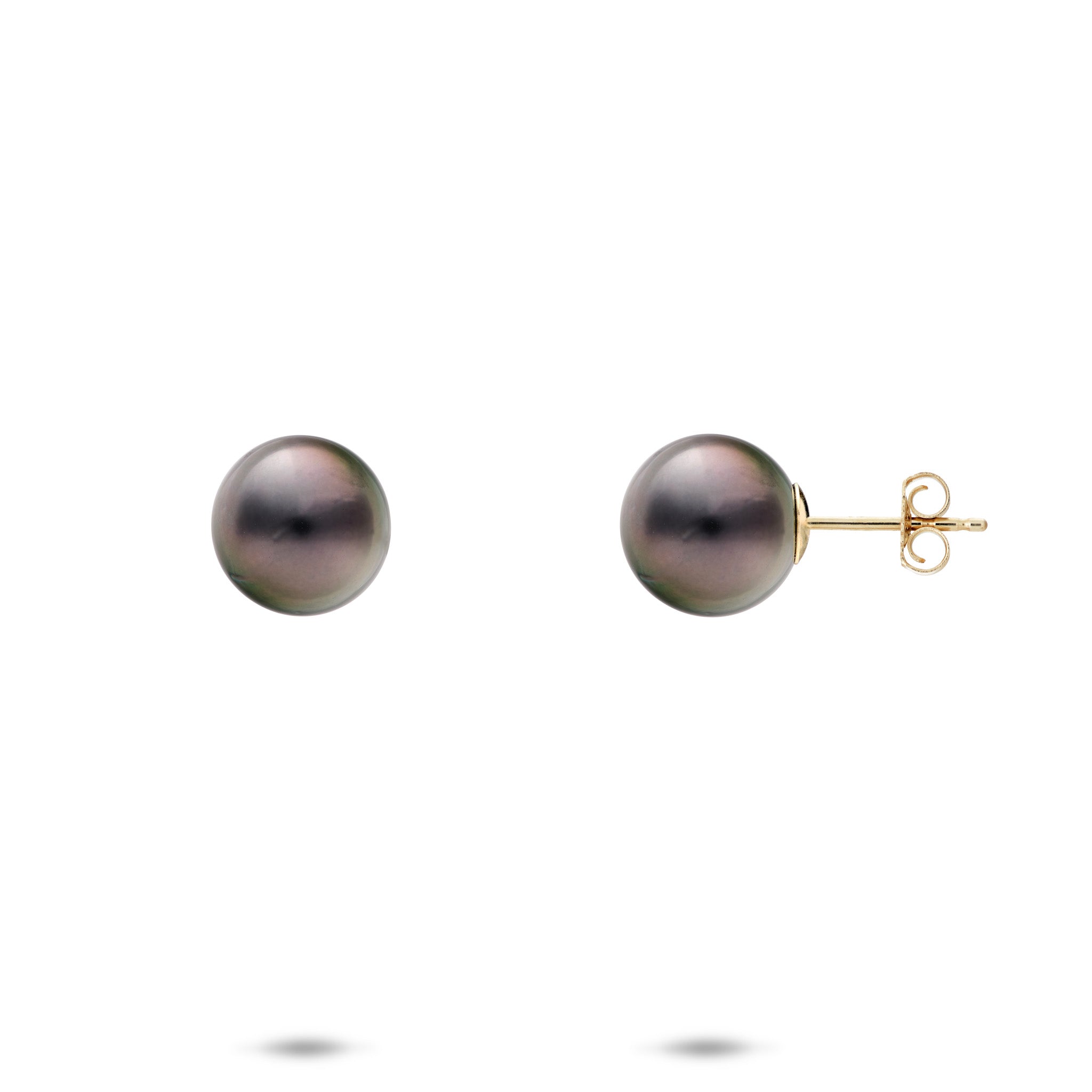 8-9mm Tahitian Black Pearl Earrings in 14k Yellow Gold on a white background