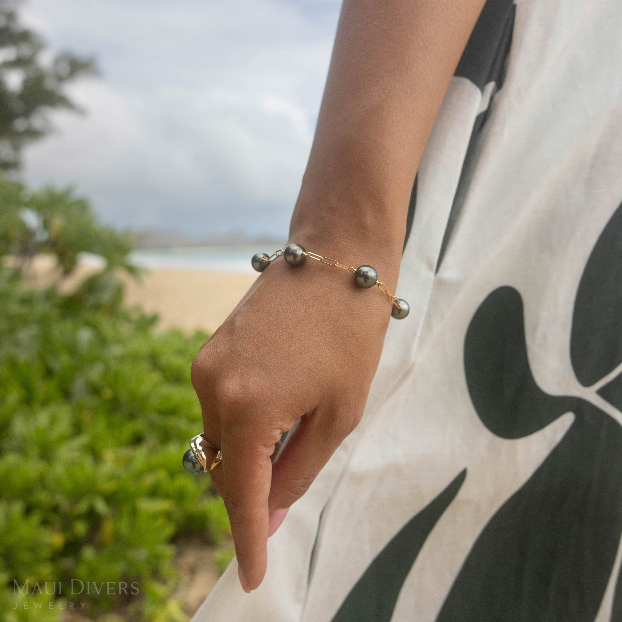 7.5-8インチ ペーパークリップチェーン タヒチアンブラックパールブレスレット ゴールド - 9-10mm