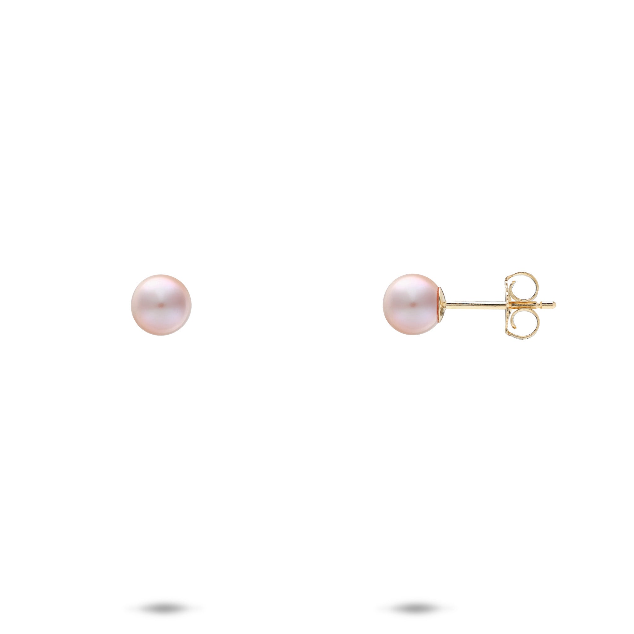 4-5mm Natural Color Freshwater Pearl Stud Earrings in 14k Yellow Gold on a white background