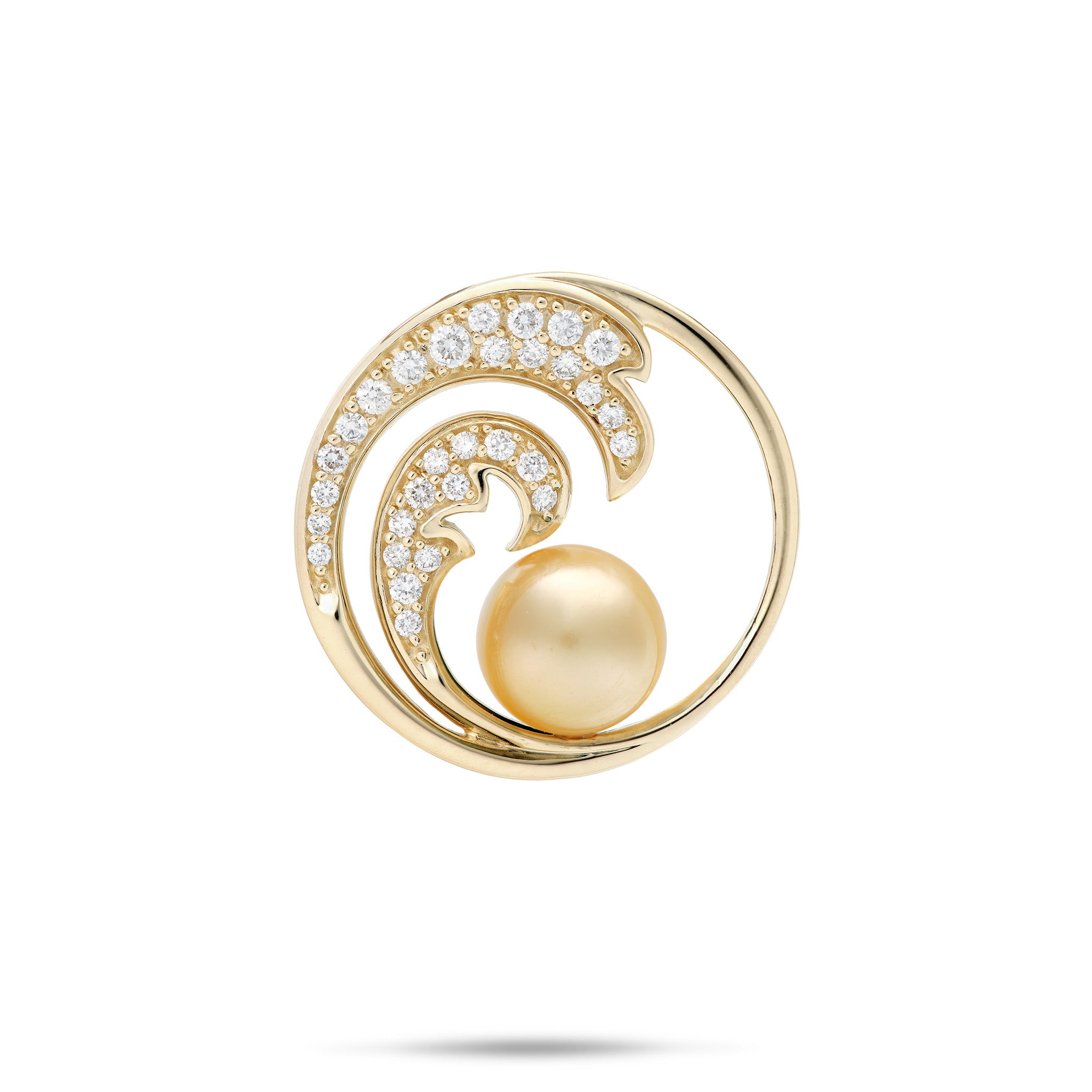 24mm Round Ocean Wave Diamond and South Sea Gold Pearl Pendant in 14k Yellow Gold on a white background