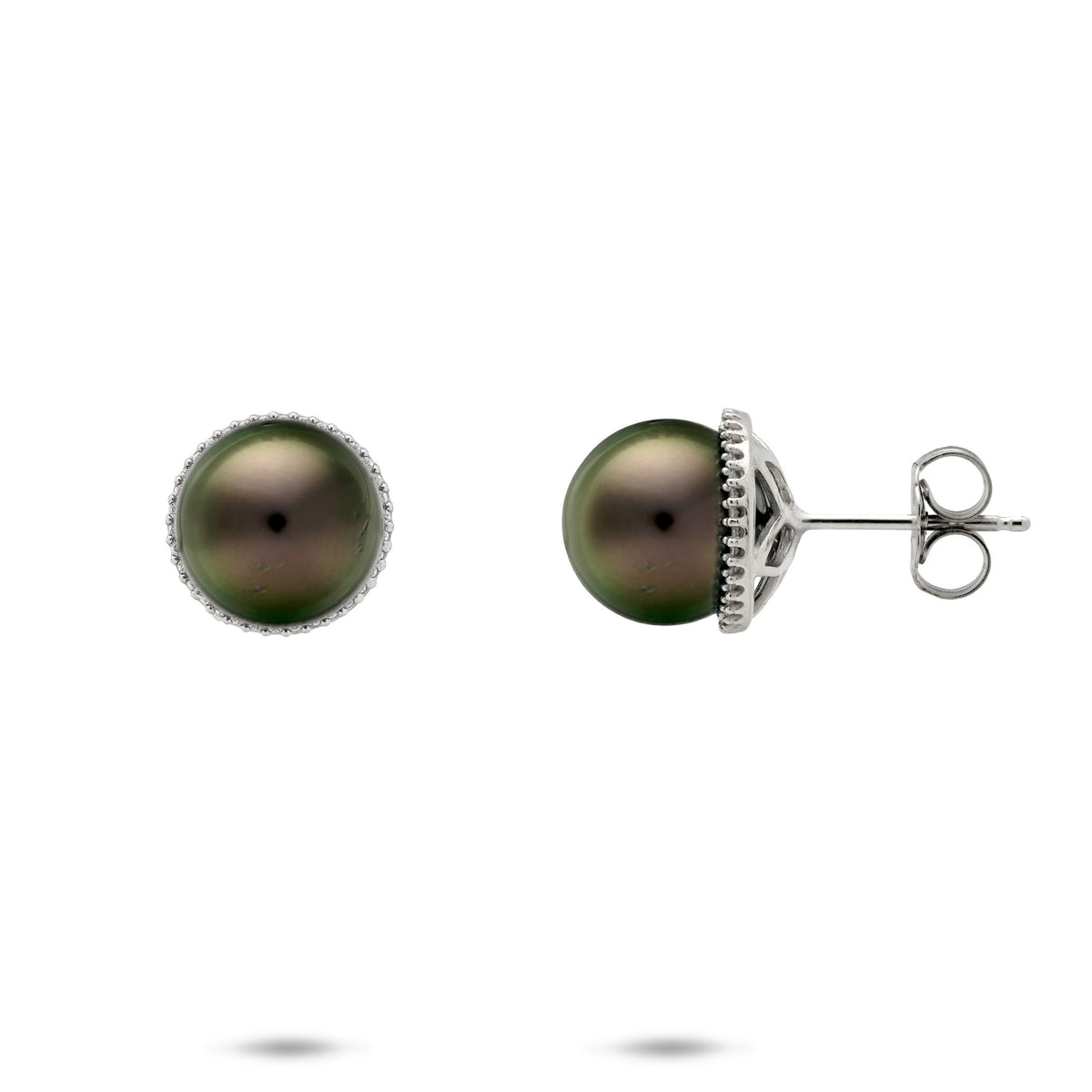 A pair of 14k white gold stud earrings with a Tahitian black pearl framed by a diamond halo, shown with a front facing and side facing view, on a white background