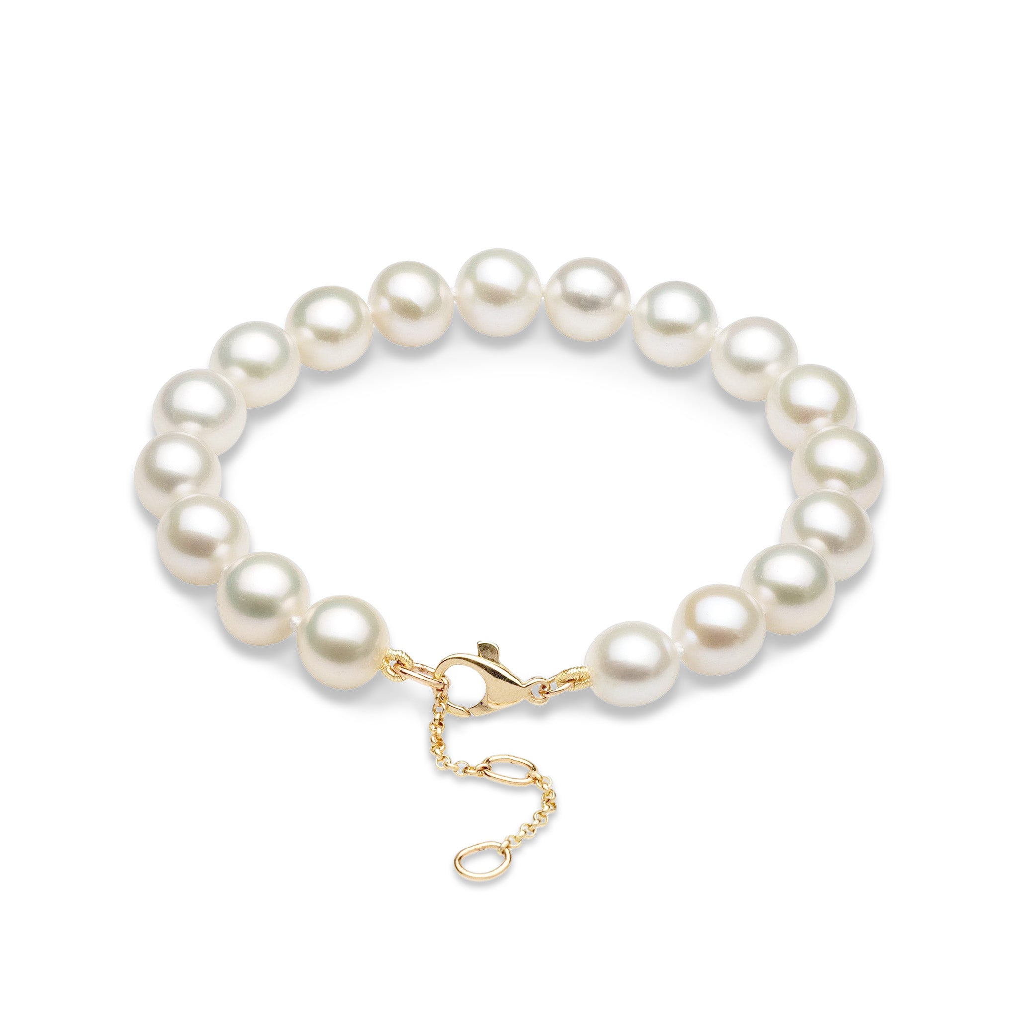 7.5-9" Adjustable White Freshwater Pearl Bracelet in Gold - 9-10mm