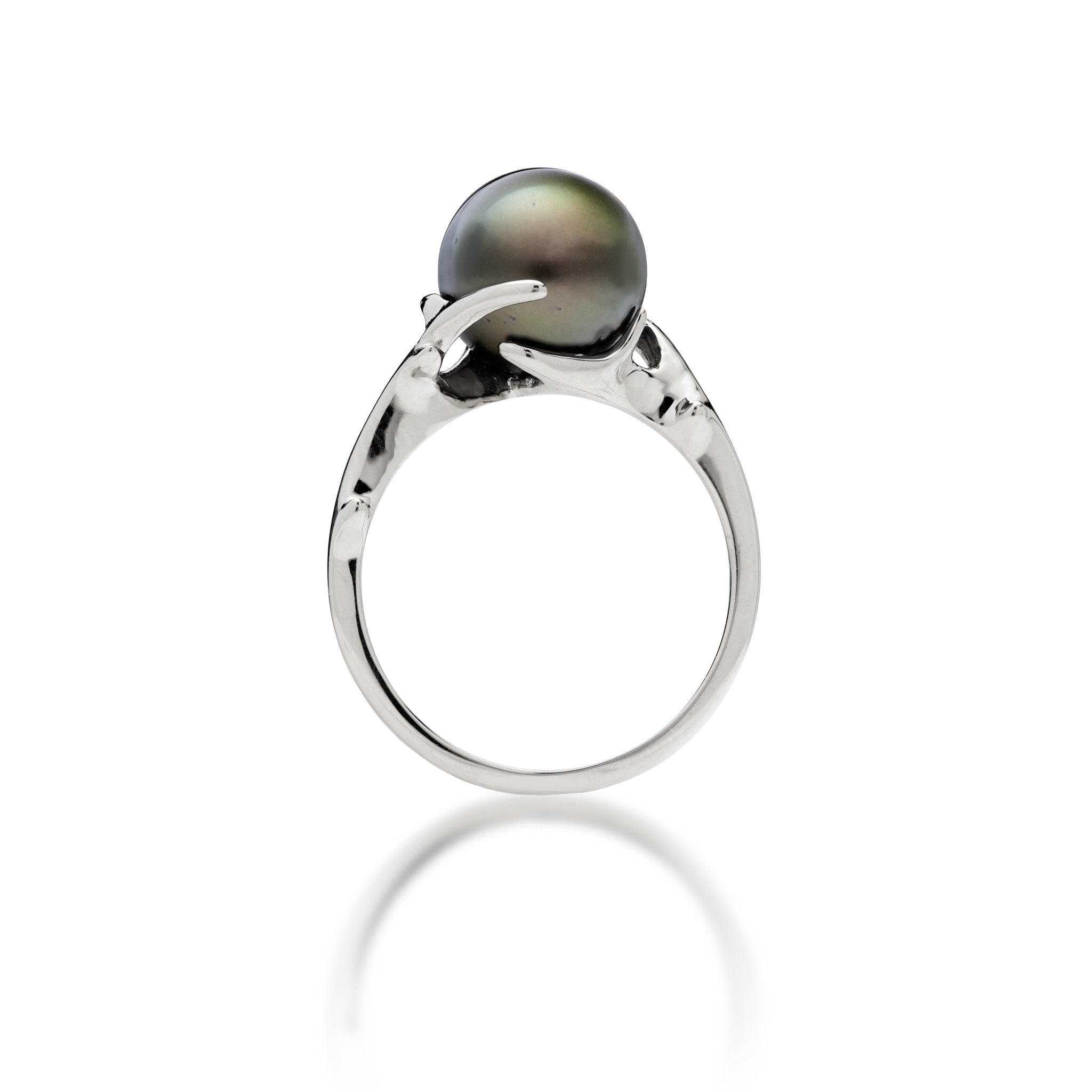 Side view of a Hawaiian black coral-inspired 14k white gold ring with a Tahitian pearl on a white background