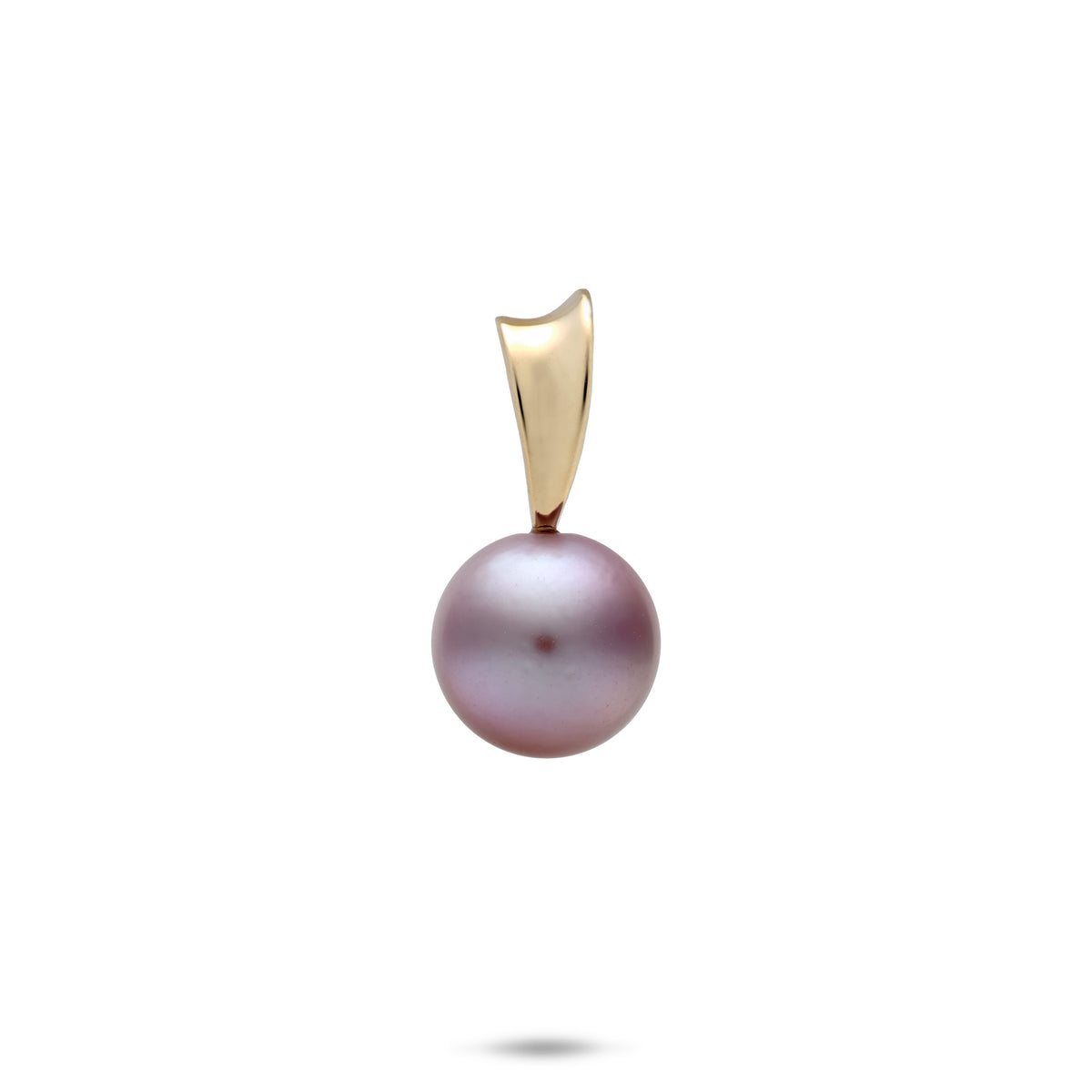 A simple 14k yellow gold pendant with a curved bail and 10-11mm lilac freshwater pearl, shown on a white background