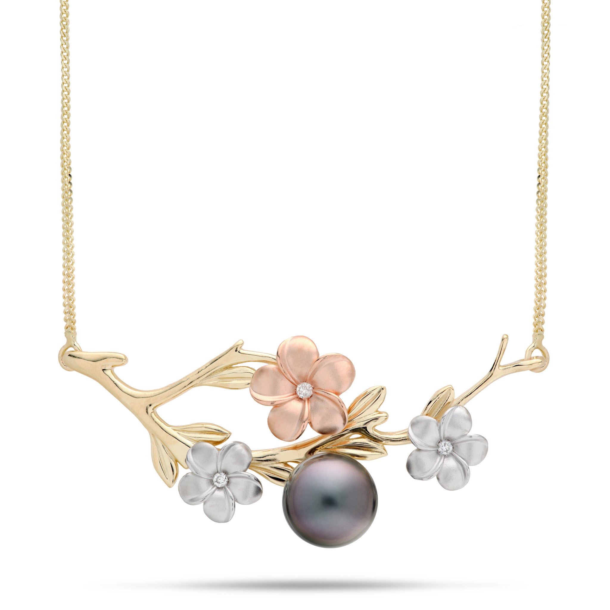 16-18" Adjustable Pearls in Bloom Plumeria Tahitian Black Pearl Necklace in Tri Color Gold with Diamonds on white