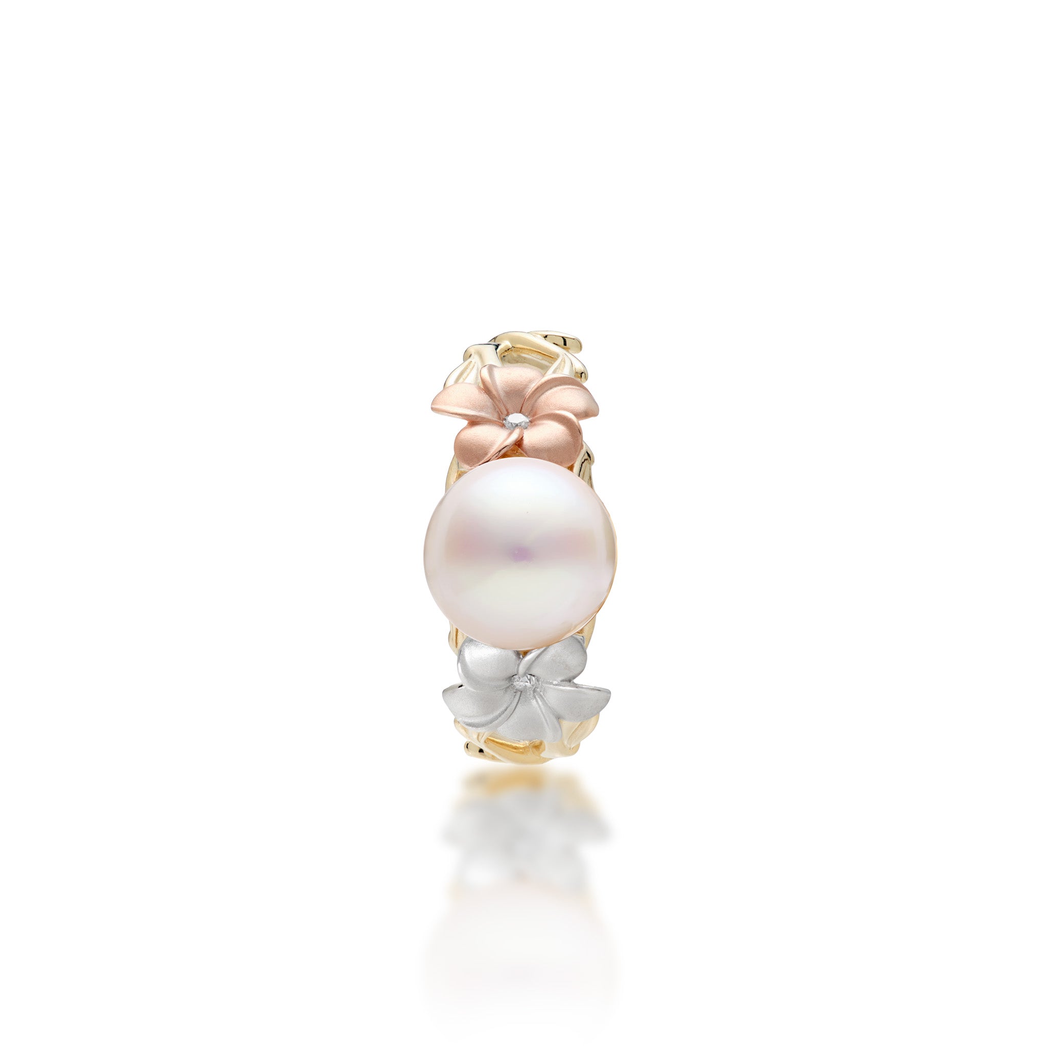 Top view of the Pearls in Bloom Plumeria 8mm Akoya White Pearl Ring in Tri Color Gold with Diamonds on a white background