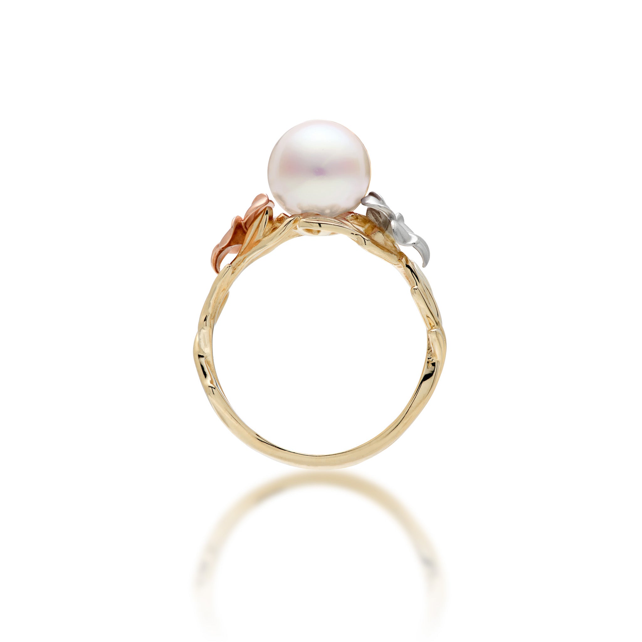 Band view of the Pearls in Bloom Plumeria 8mm Akoya White Pearl Ring in Tri Color Gold with Diamonds on a white background