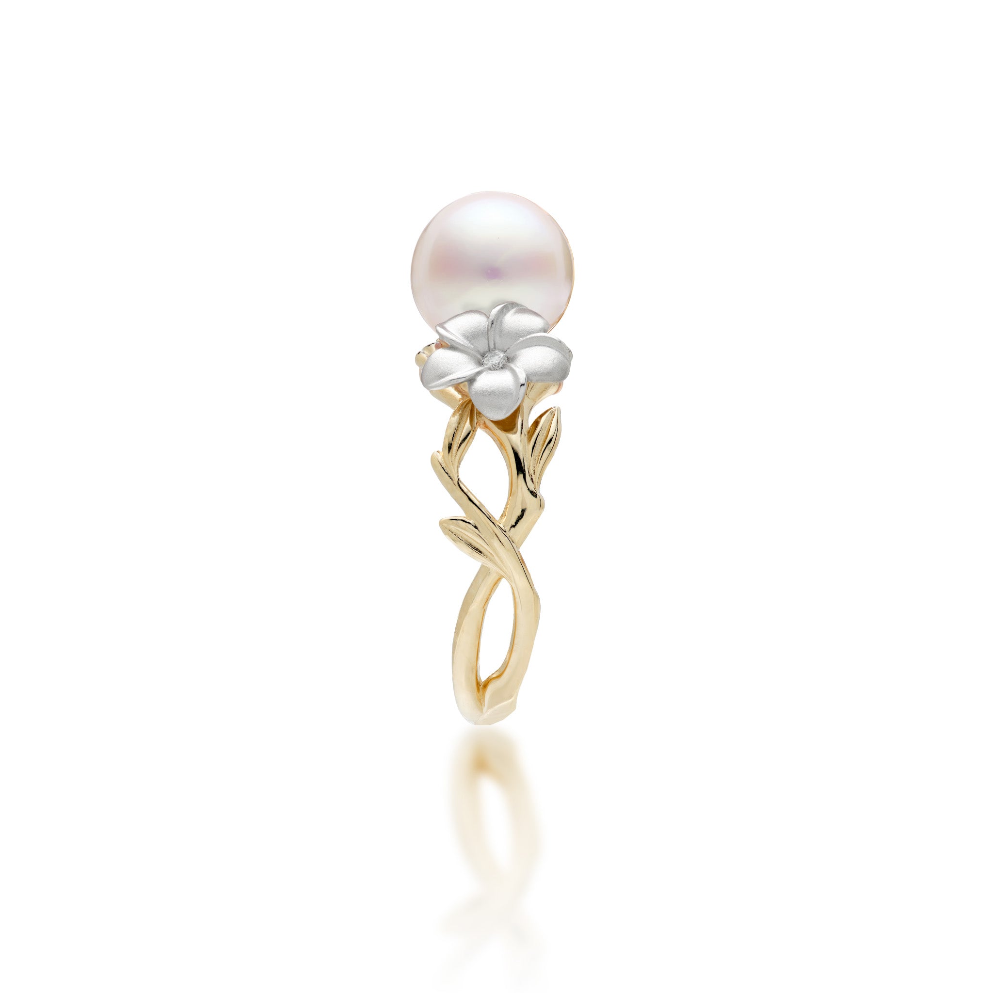 Side view of the Pearls in Bloom Plumeria 8mm Akoya White Pearl Ring in Tri Color Gold with Diamonds on a white background