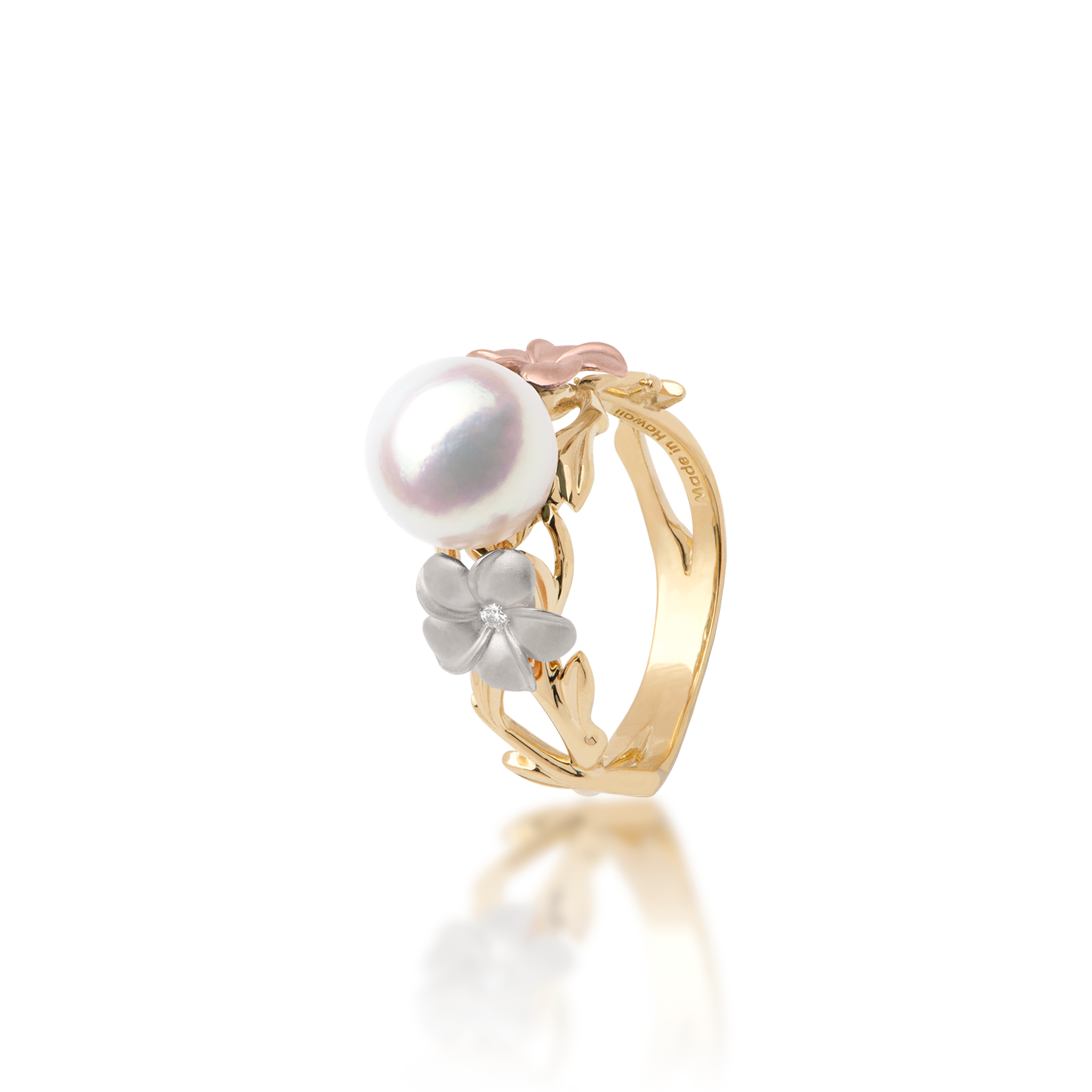 Pearls in Bloom Plumeria Akoya White Pearl Ring in Tri Color Gold with Diamonds - 8mm