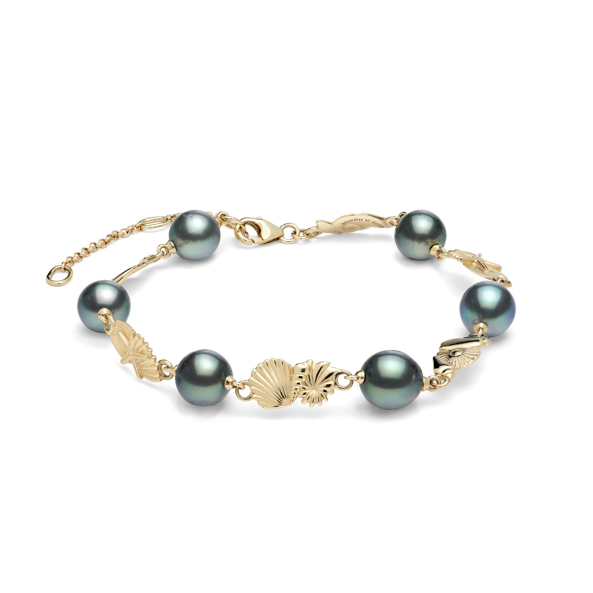 7-9" Adjustable Seashells link style Bracelet in Gold with six 8-9mm Tahitian Black Pearls on a white background