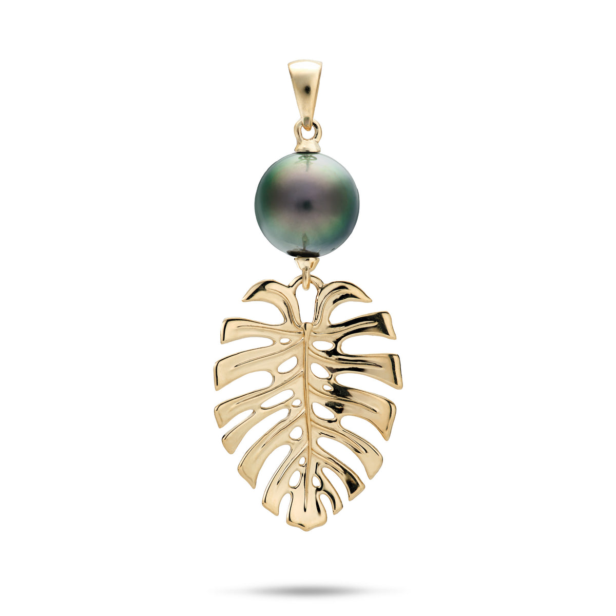 A 14k yellow gold pendant with a high-polish bail, Tahitian black pearl, and Monstera leaf, shown on a white background