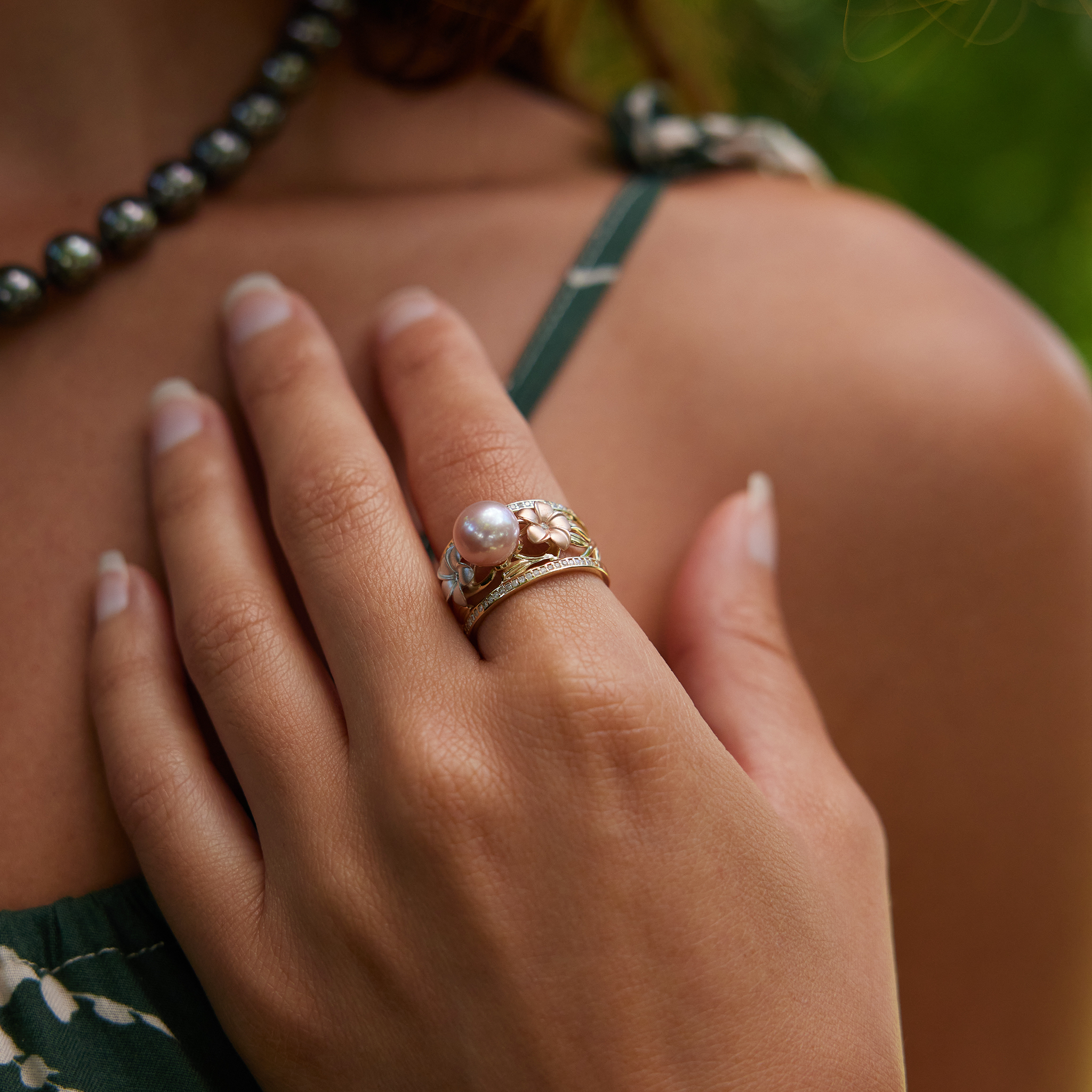 Pearls in Bloom Plumeria Lavender Freshwater Pearl Ring in Tri Color Gold with Diamonds - 12mm