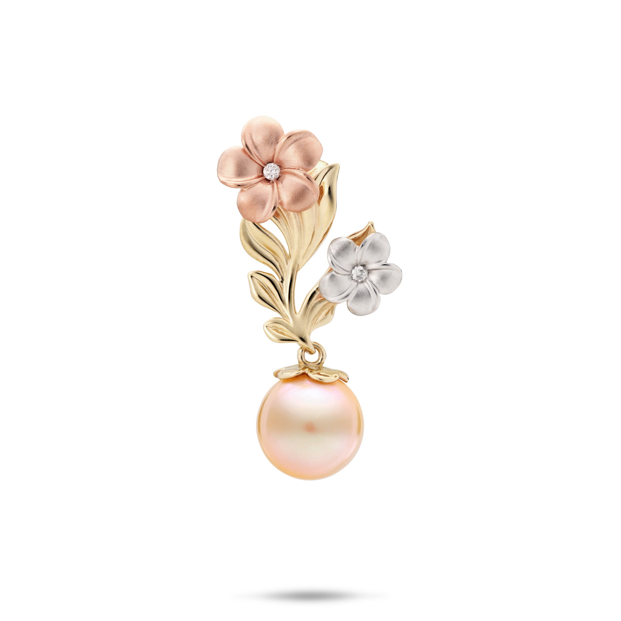 Pearls in Bloom Plumeria Peach Freshwater Pearl Pendant in Tri Color Gold with Diamonds on a white background