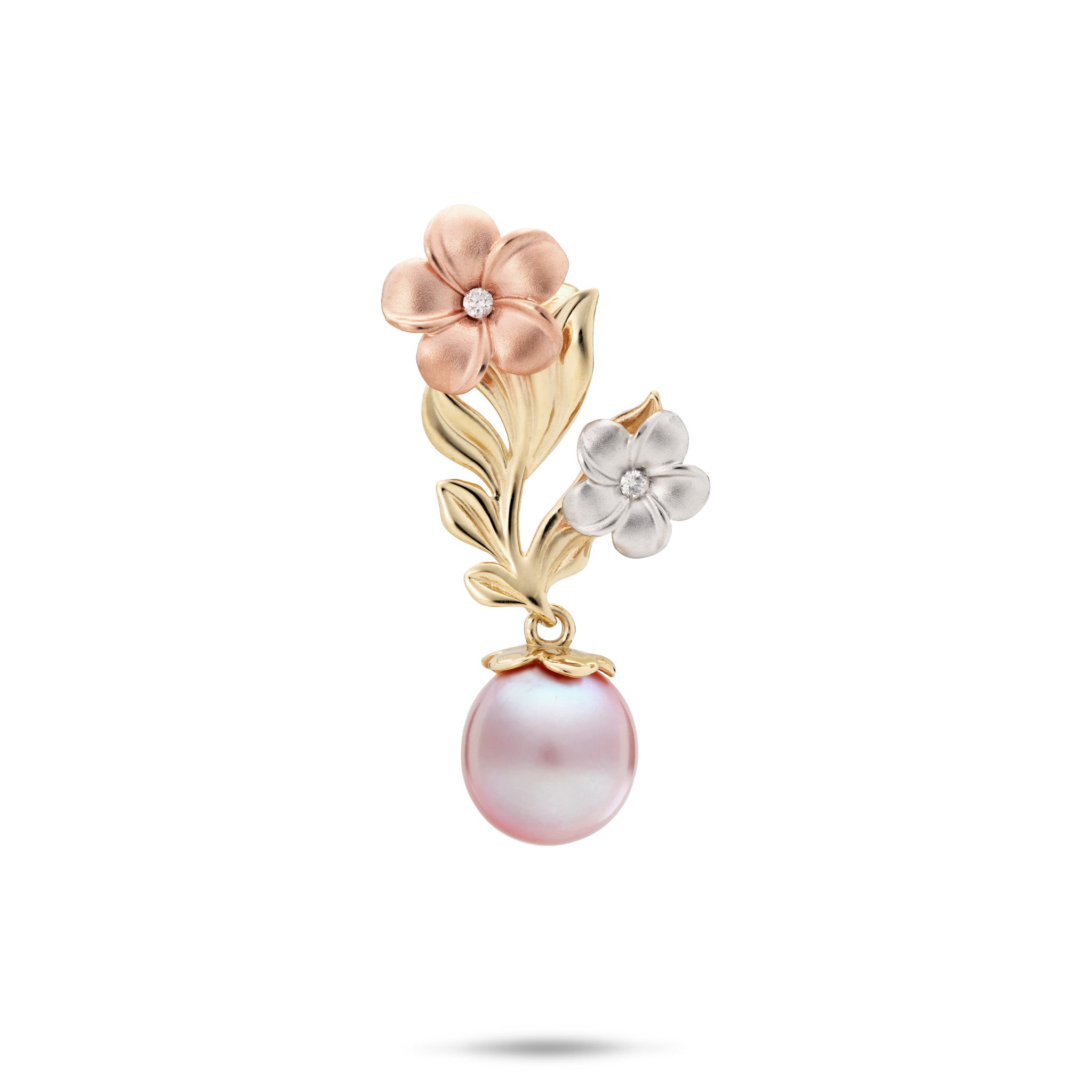 Pearls in Bloom Plumeria Lavender Freshwater Pearl Pendant in Tri Color Gold with Diamonds on a white background