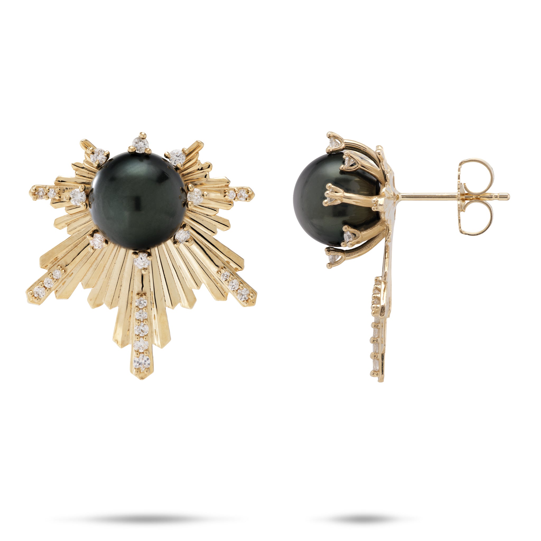 E Hoʻāla Tahitian Black Pearl Earrings in Gold with Diamonds - 23mm