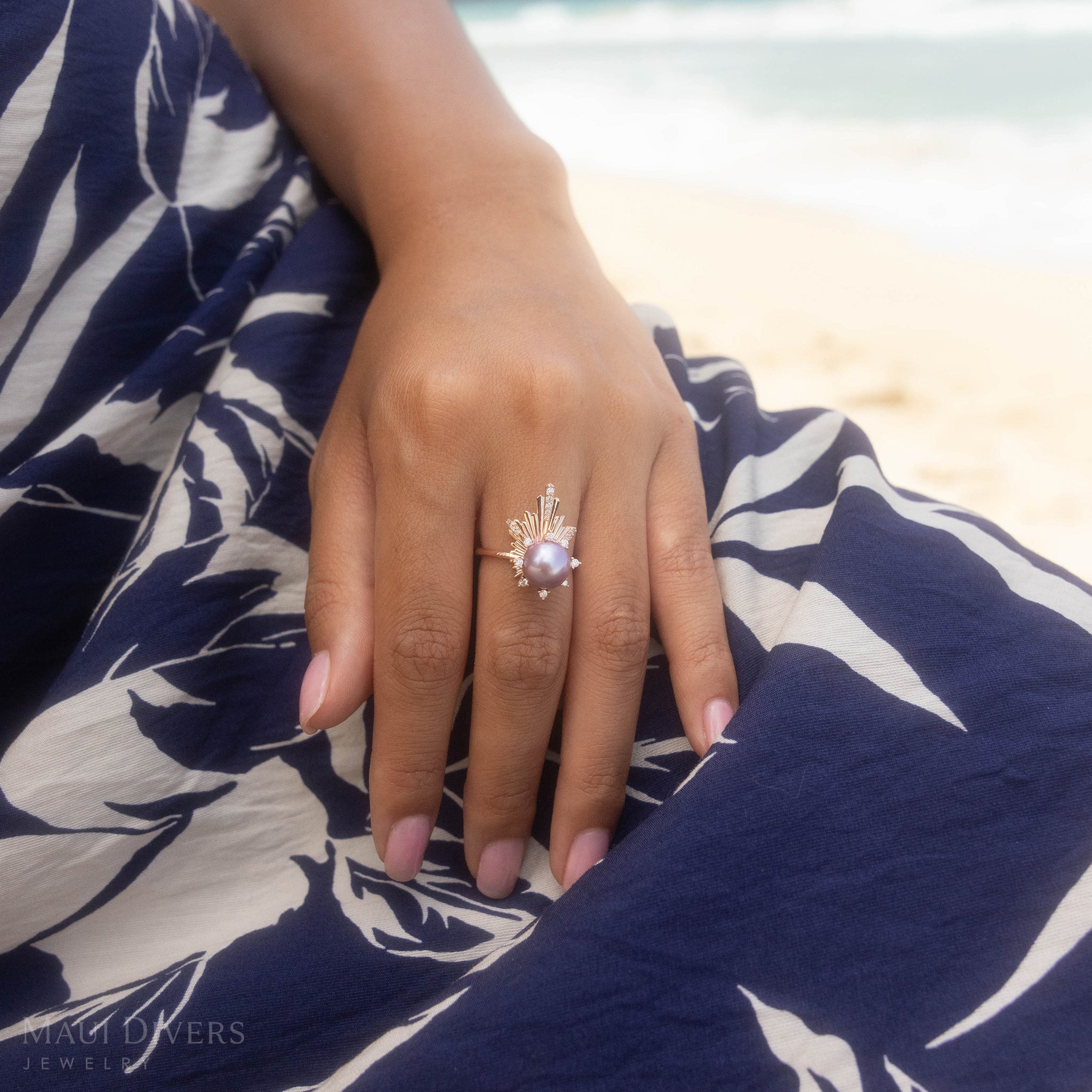 E Hoāla ラベンダー淡水パール リング ダイヤモンド付き ローズゴールド - 21mm