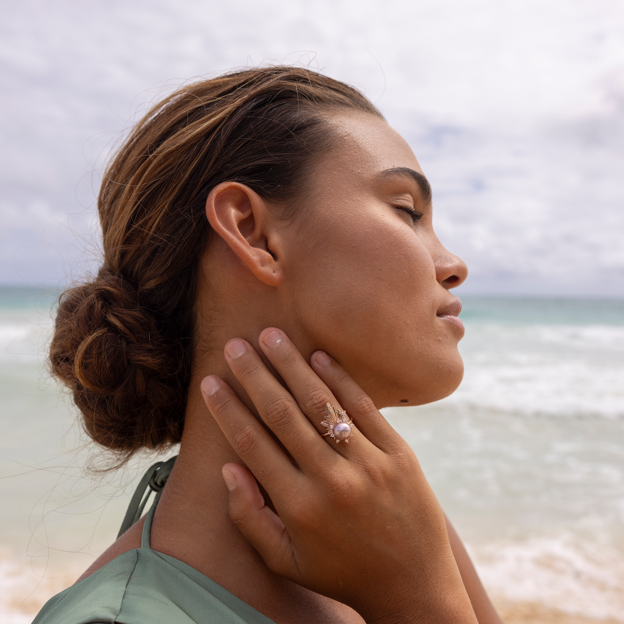 E Hoāla ラベンダー淡水パール リング ダイヤモンド付き ローズゴールド - 21mm