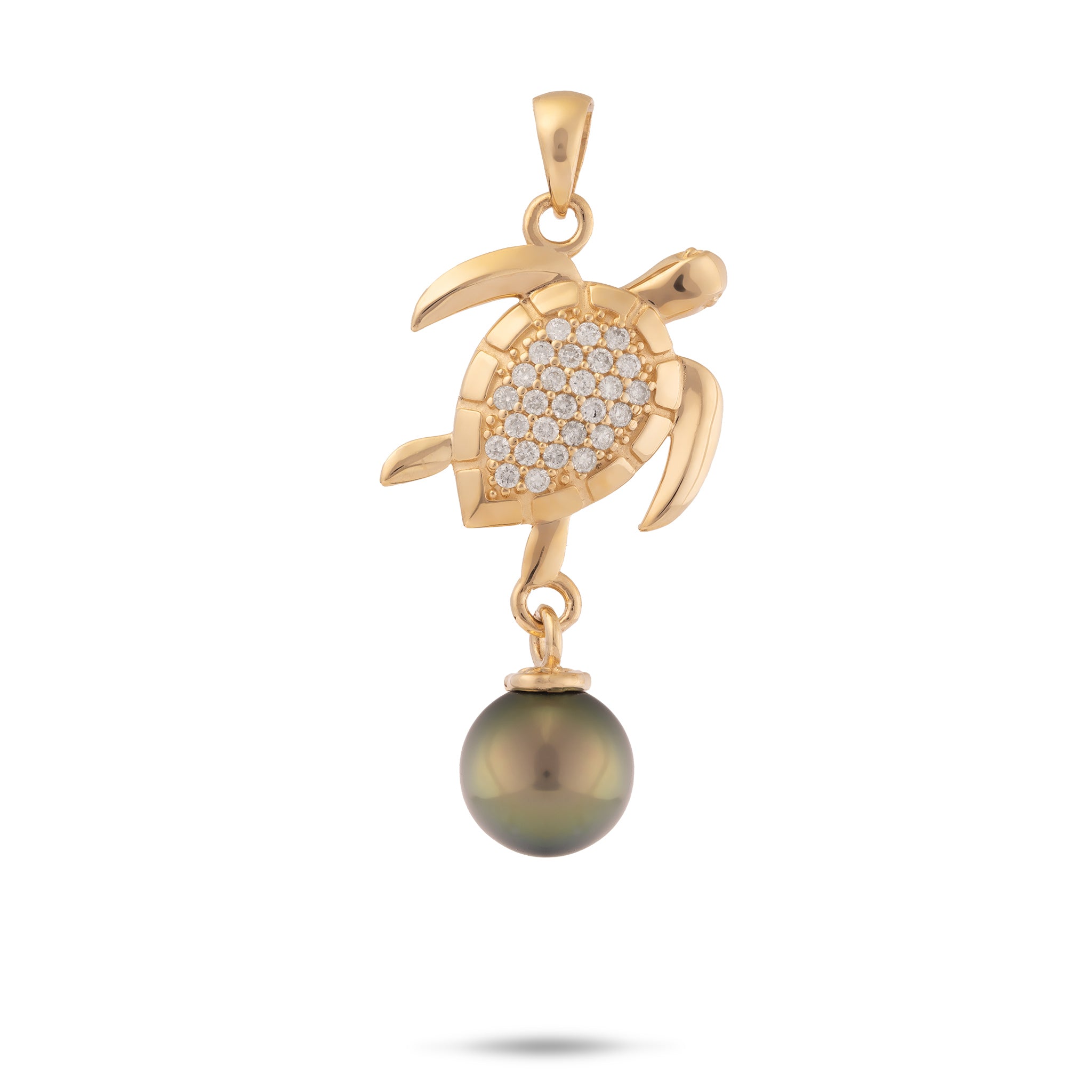 Ocean Dance Honu (Sea Turtle) Tahitian Black Pearl Pendant in Gold with Diamonds - 9-10mm