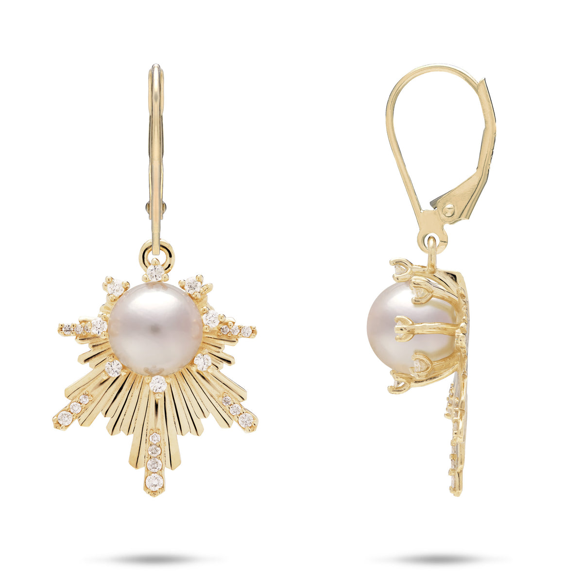 A pair of 14k yellow gold leverback earrings featuring a central Akoya white pearl surrounded by rays of gold with natural diamonds, shown from both front and side angles on a white background.