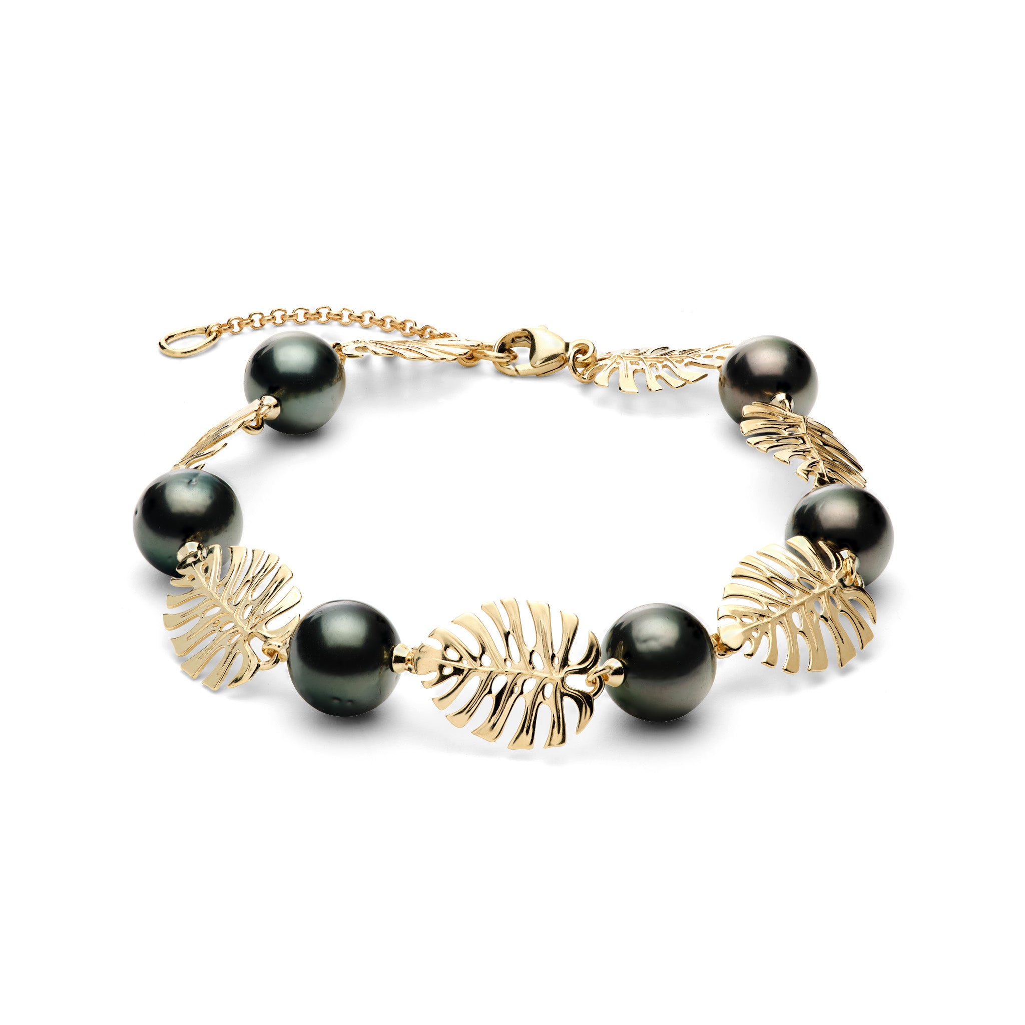 Monstera Tahitian Black Pearl Bracelet in 14k Yellow Gold on a White Background