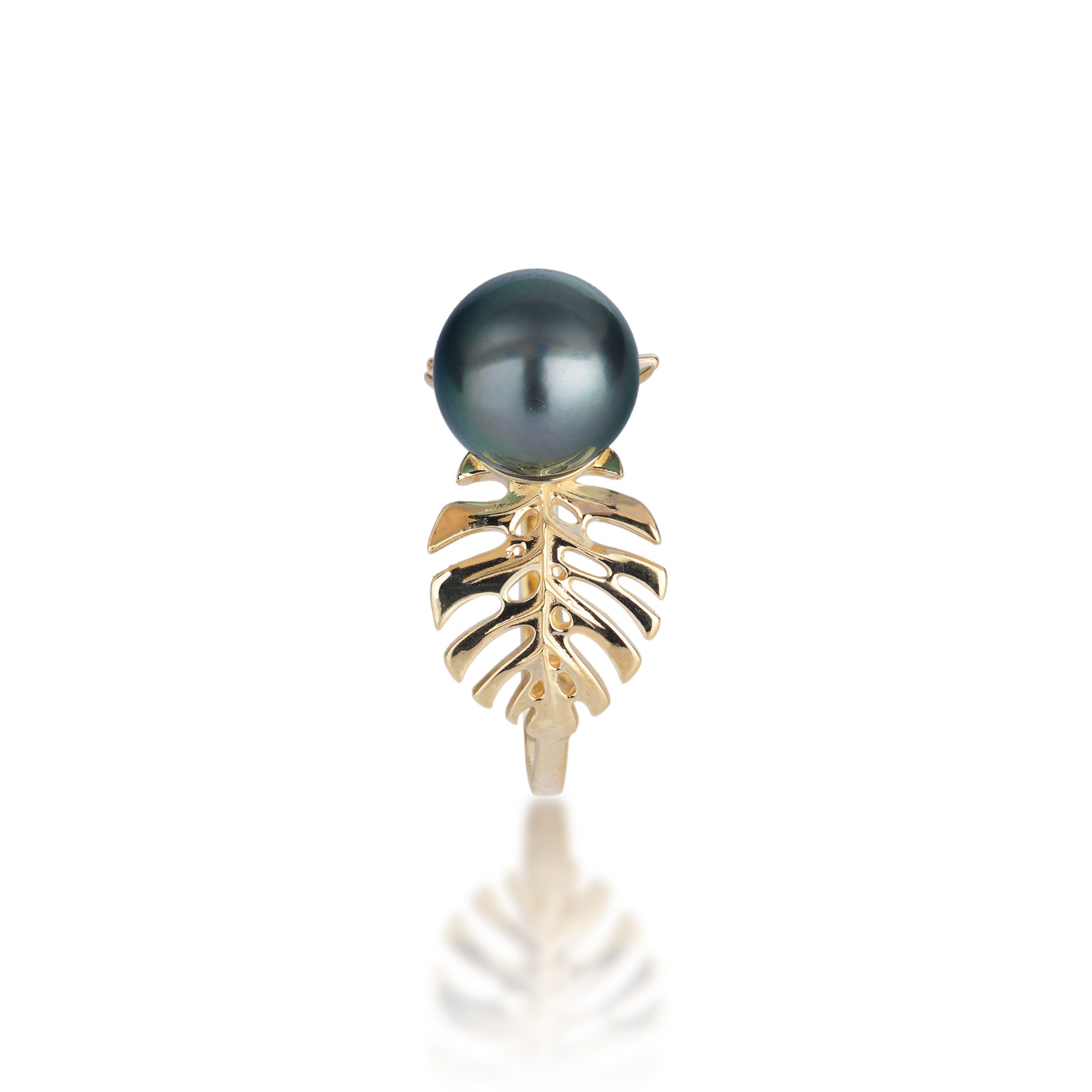 Monstera Tahitian Black Pearl Ring in Gold - 8-9mm